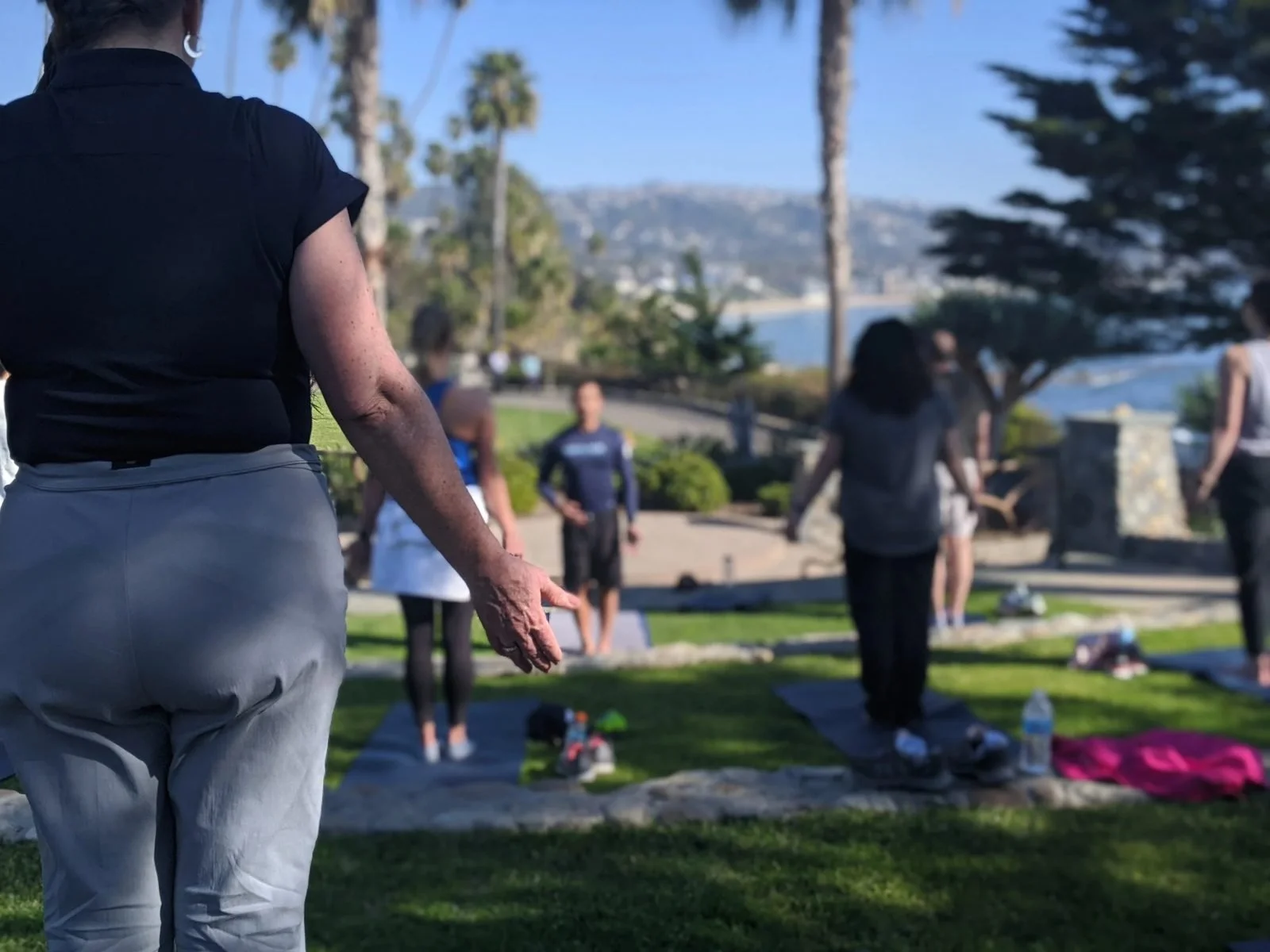 Team doing an outdoor group activity on a coastal park lawn