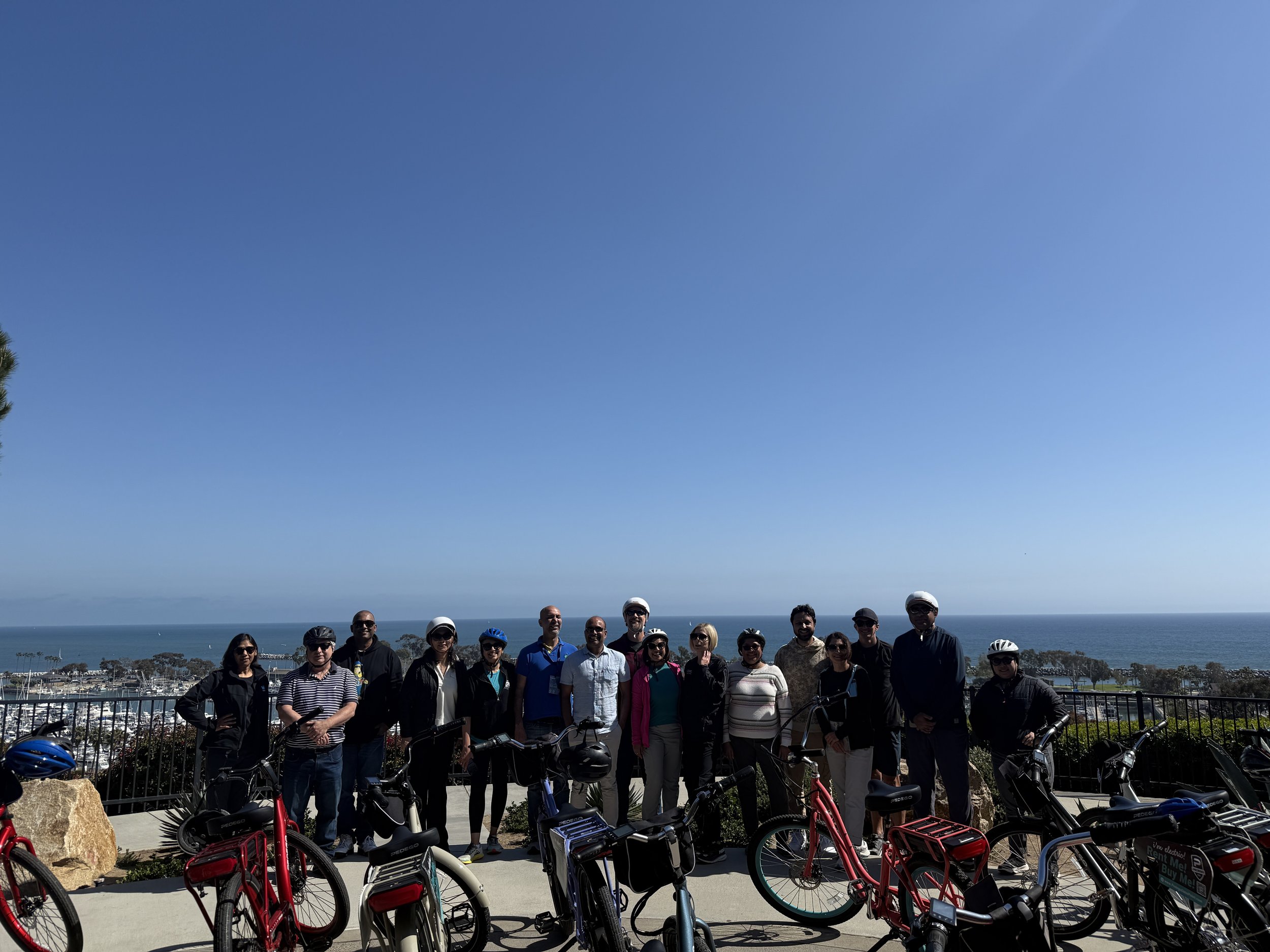Large eBike tour group posing at an ocean overlook with bikes lined up in front