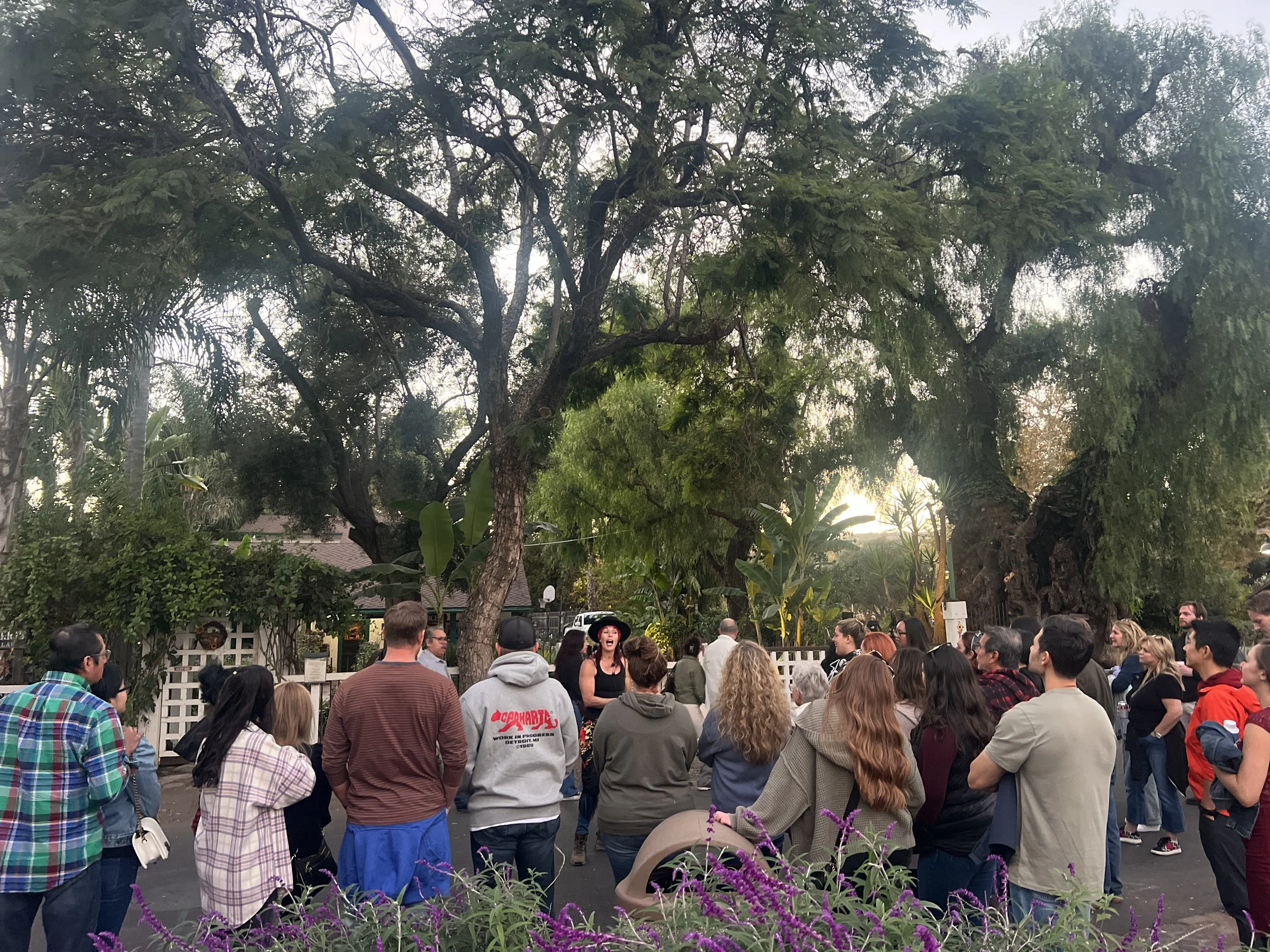 Large team gathered under the trees in historic San Juan Capistrano