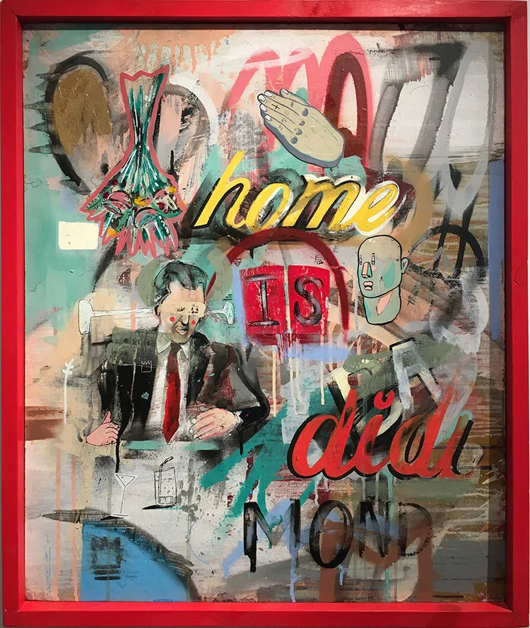 "For Her Place She Loves Booze" 61cm x 71cm (framed) Oil, enamel, acrylic, spray paint, ink & gold leaf on board