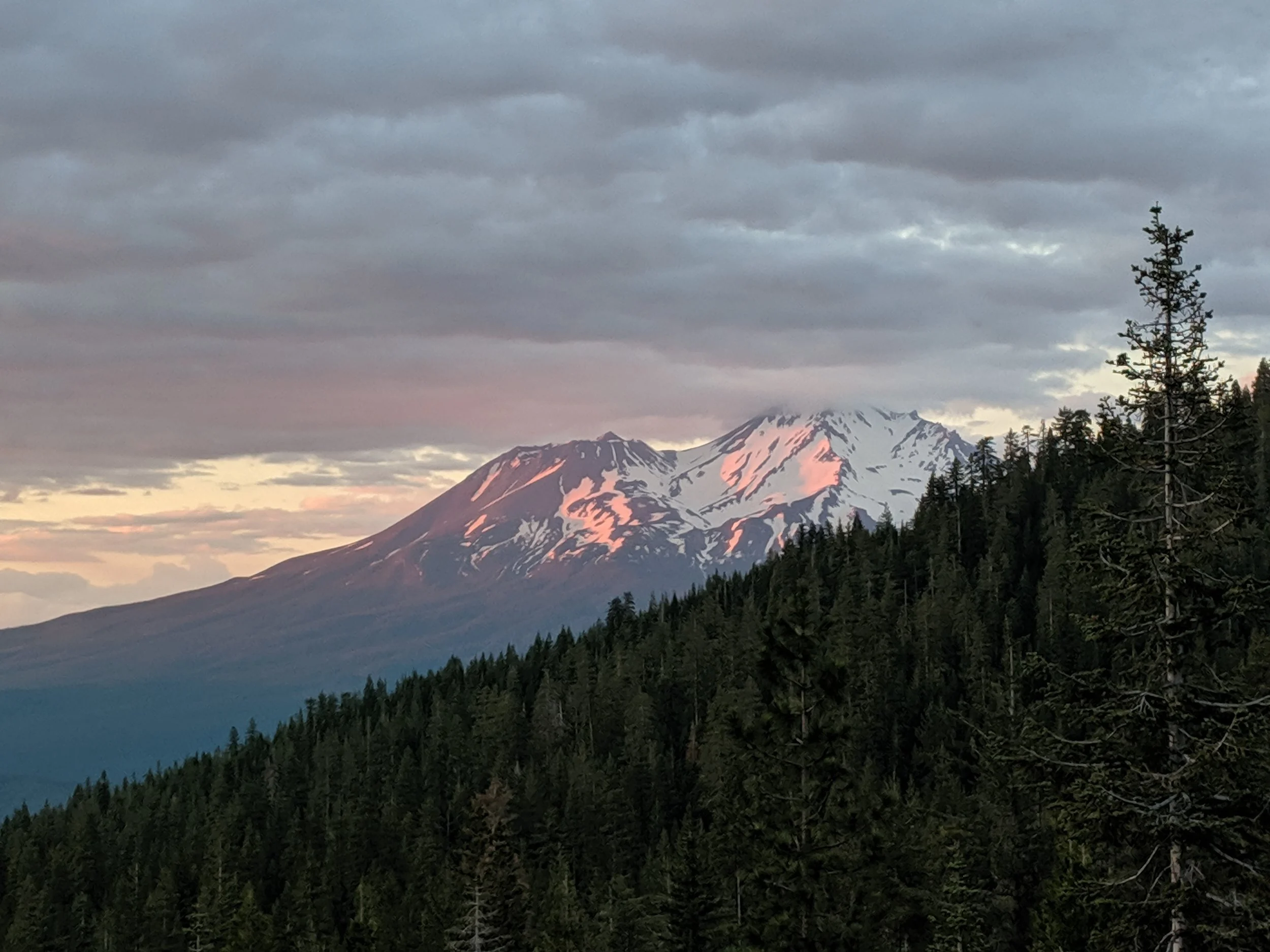 Sun setting over Mount Shasta