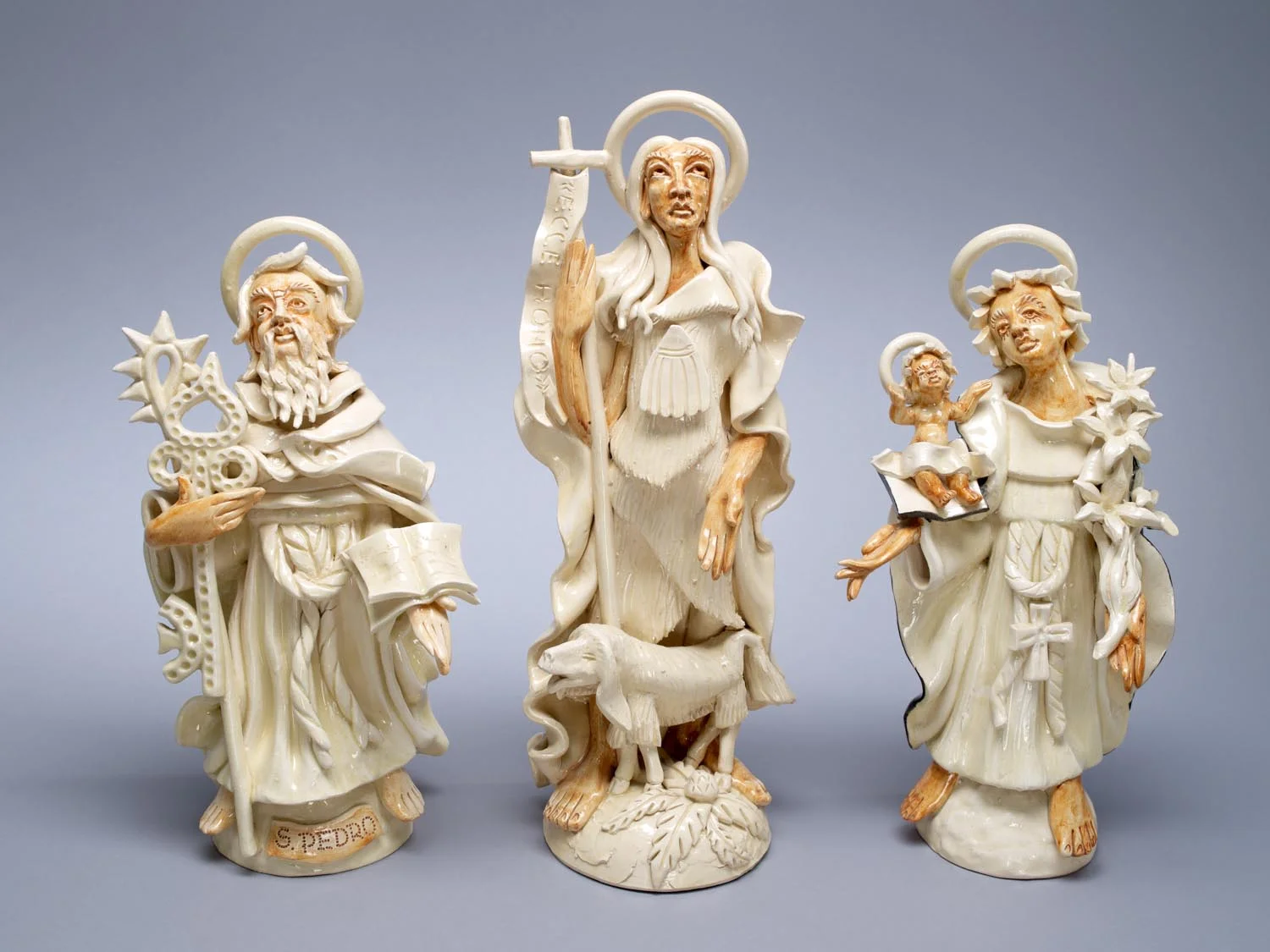  Portuguese ceramic figures of San Pedro, Sao Joao Batista and Santo Antonio holding baby Jesus. Photographed for Dr. Anthony Shelton's book Heaven &amp; Hell 2014. Figures by Jose Augusto Ferreira dos Santos MOA CAT: 2956/5, 2956/3, 2956/2 c.2010. P