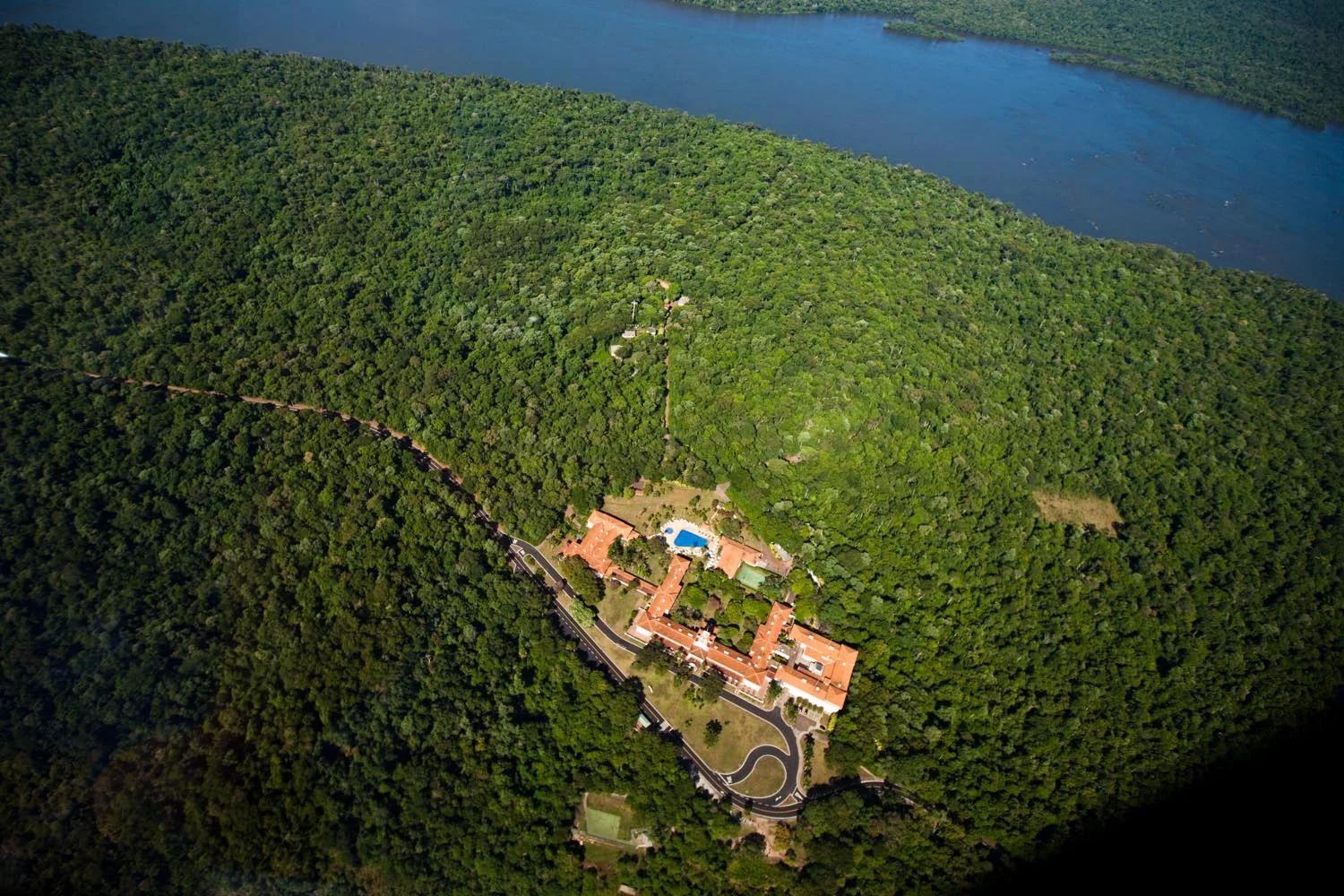 Aerial view of the Iguazu river and the visitor center