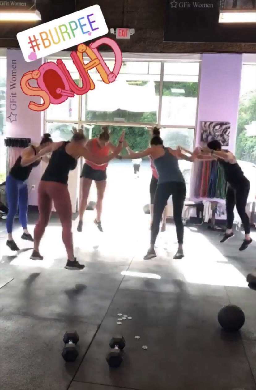 Some of the badass Gfit Women getting it done with synchronized burpees!