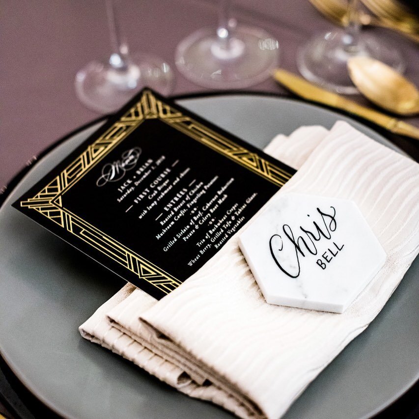 A twist on elegance! We love incorporating RGI's distinctive style into classic looks, like we did with this tabletop. Guests loved the hexagon tile placards, which were a unique take on a simple, yet essential element and served as both a stylish ad