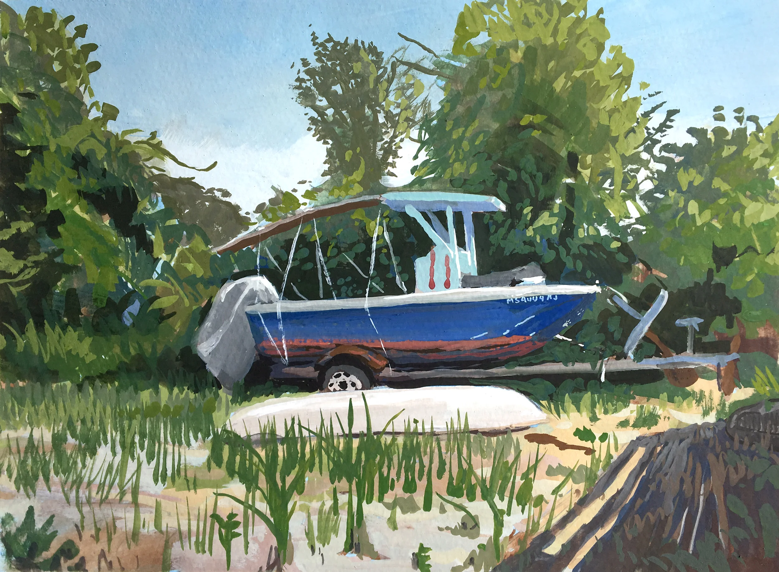 Backyard, 5 Bayberry Lane, 9 x 12 in. Gouache on paper. Private collection. (2018)