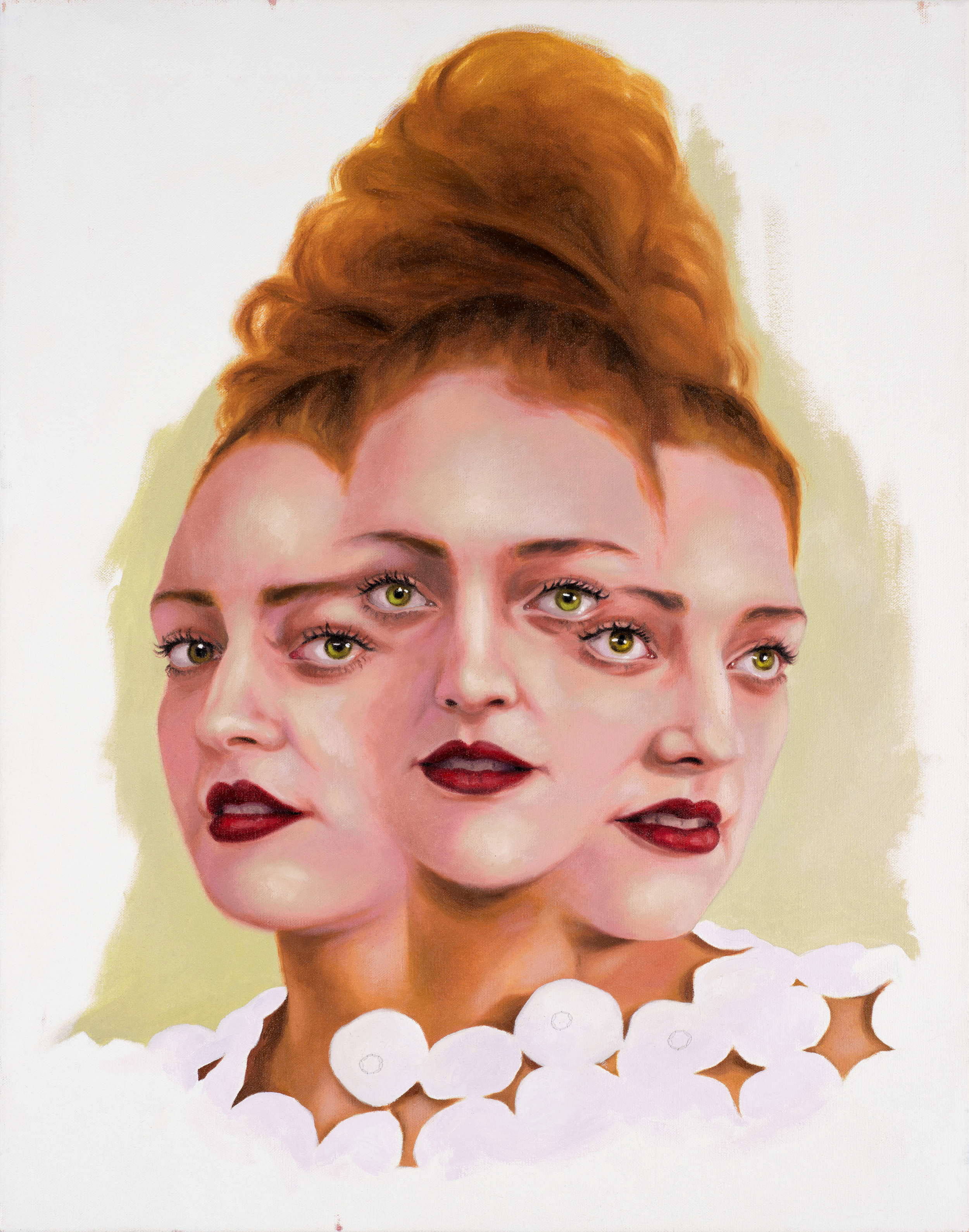 Ruby Chew, Three Headed Sophie 71 x 56 cm, Oil,  Acrylic and Thread On Canvas