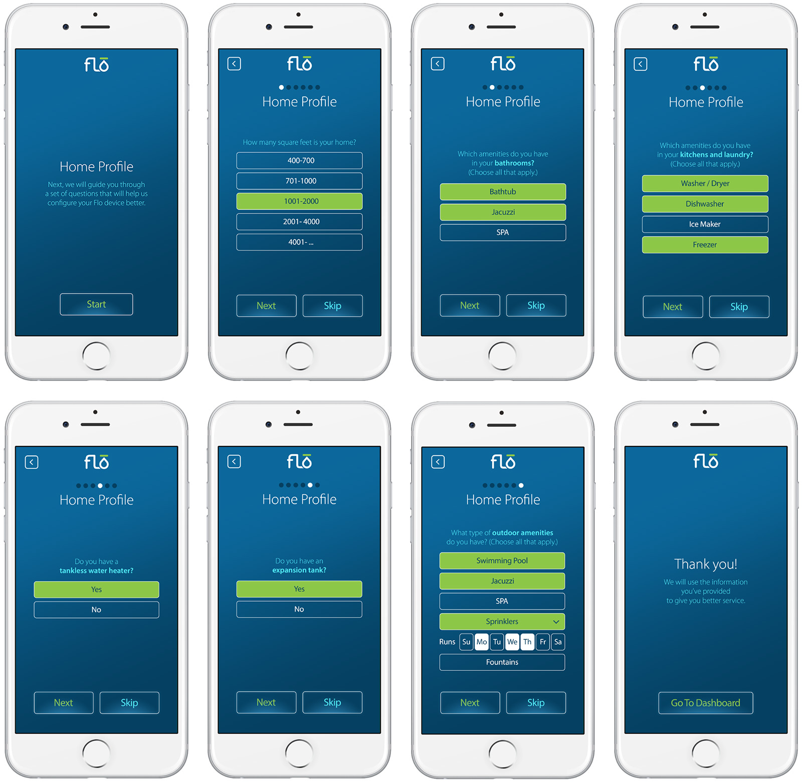 The Flo mobile app has many other screens, from installation steps to technical support.