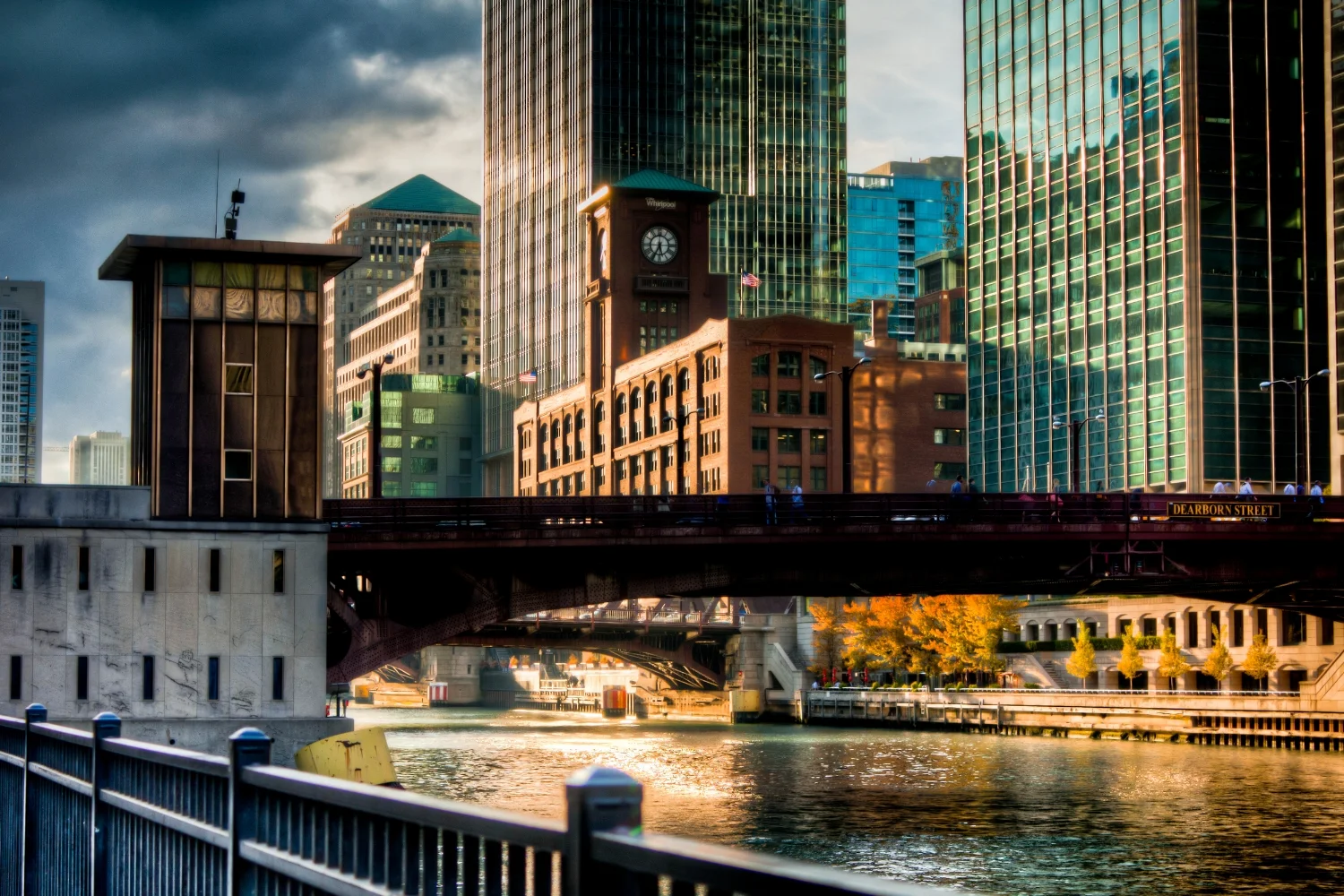 Dearborn Bridge and Chicago River at Sunset