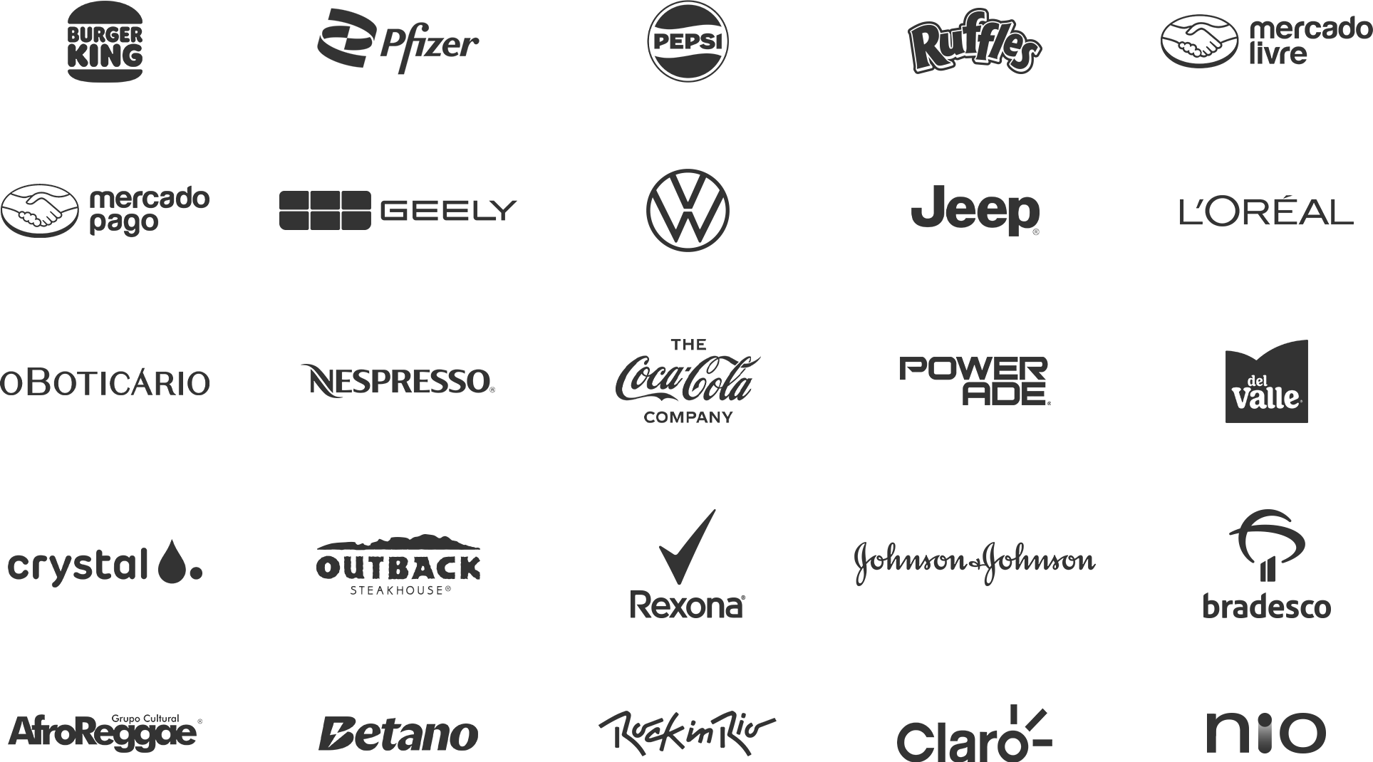 Imagem com logotipos de diversas marcas, incluindo Burger King, Pfizer, Pepsi, Ruffles, Mercado Livre, Mercado Pago, Geely, Volkswagen, Jeep, L'Oréal, O Boticário, Nespresso, Coca-Cola, Powerade, Del Valle, Crystal, Outback, Rexona, Johnson & Johnson, Pradesco, AfroReggae, Betano, Rock in Rio, Claro, entre outros.