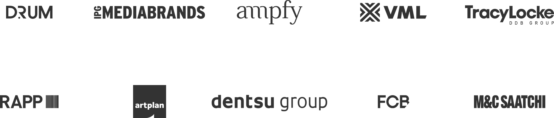 Logotipos de várias empresas de tecnologia e mídia, incluindo Drum, Mediabrands, Ampfy, VML, TracyLocke, Rapp, Artplan, Dentsu, FCB, M&C Saatchi, entre outros.