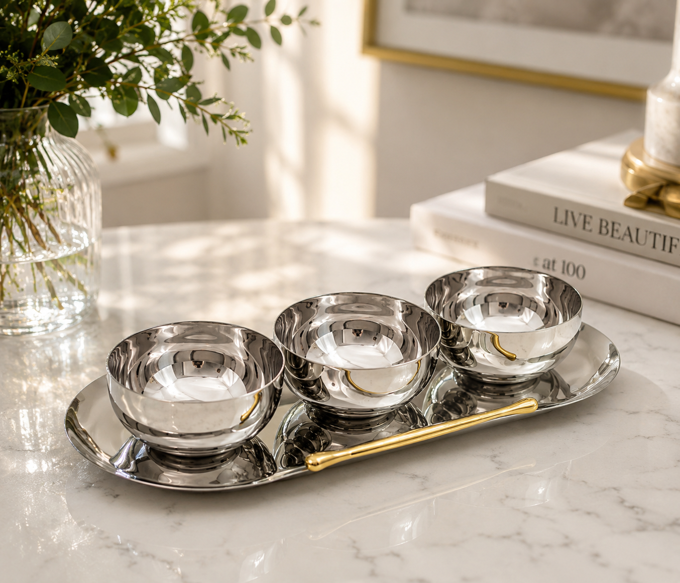 Stainless Steel Dips Bowl & Tray Set with Gold Handle