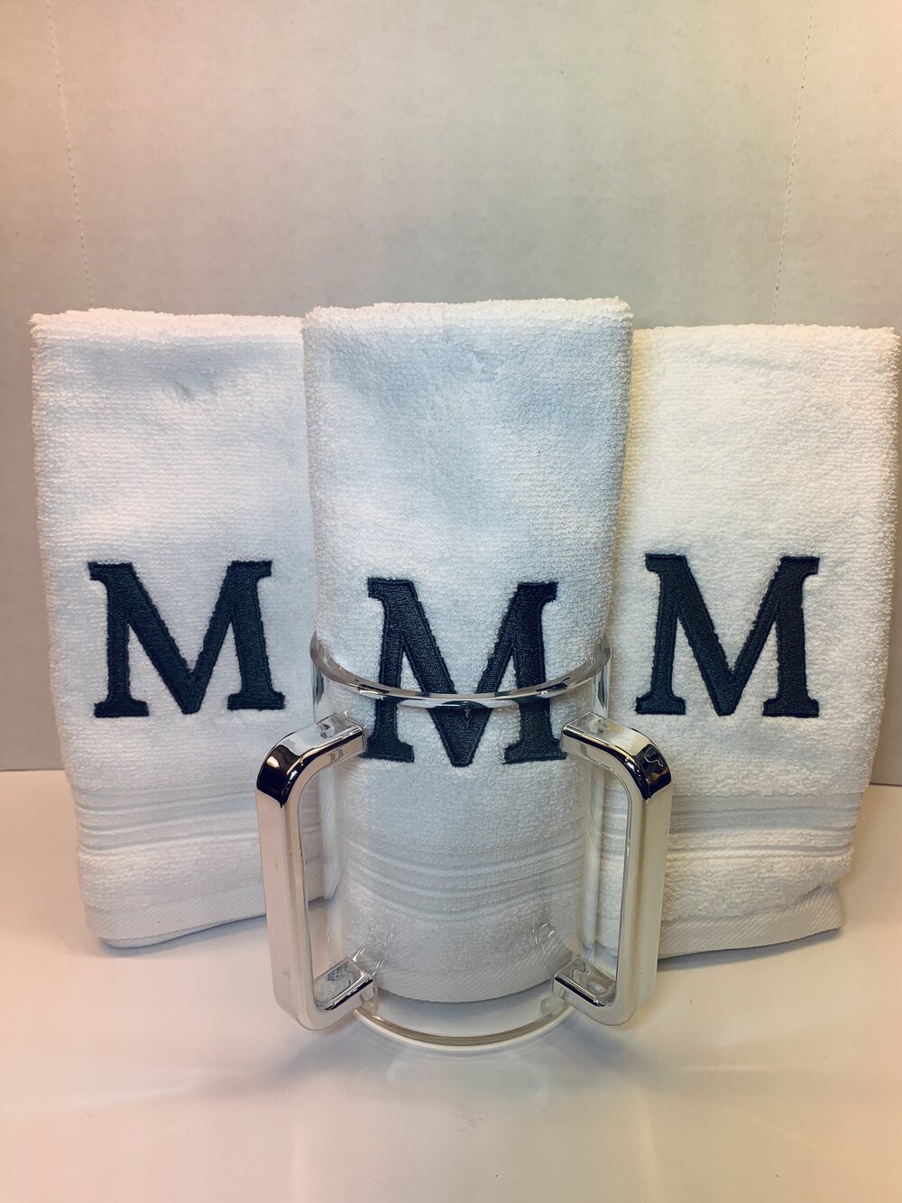 Set of 3 Monogrammed Towels with Acrylic Washing Cup — The Doily Lady