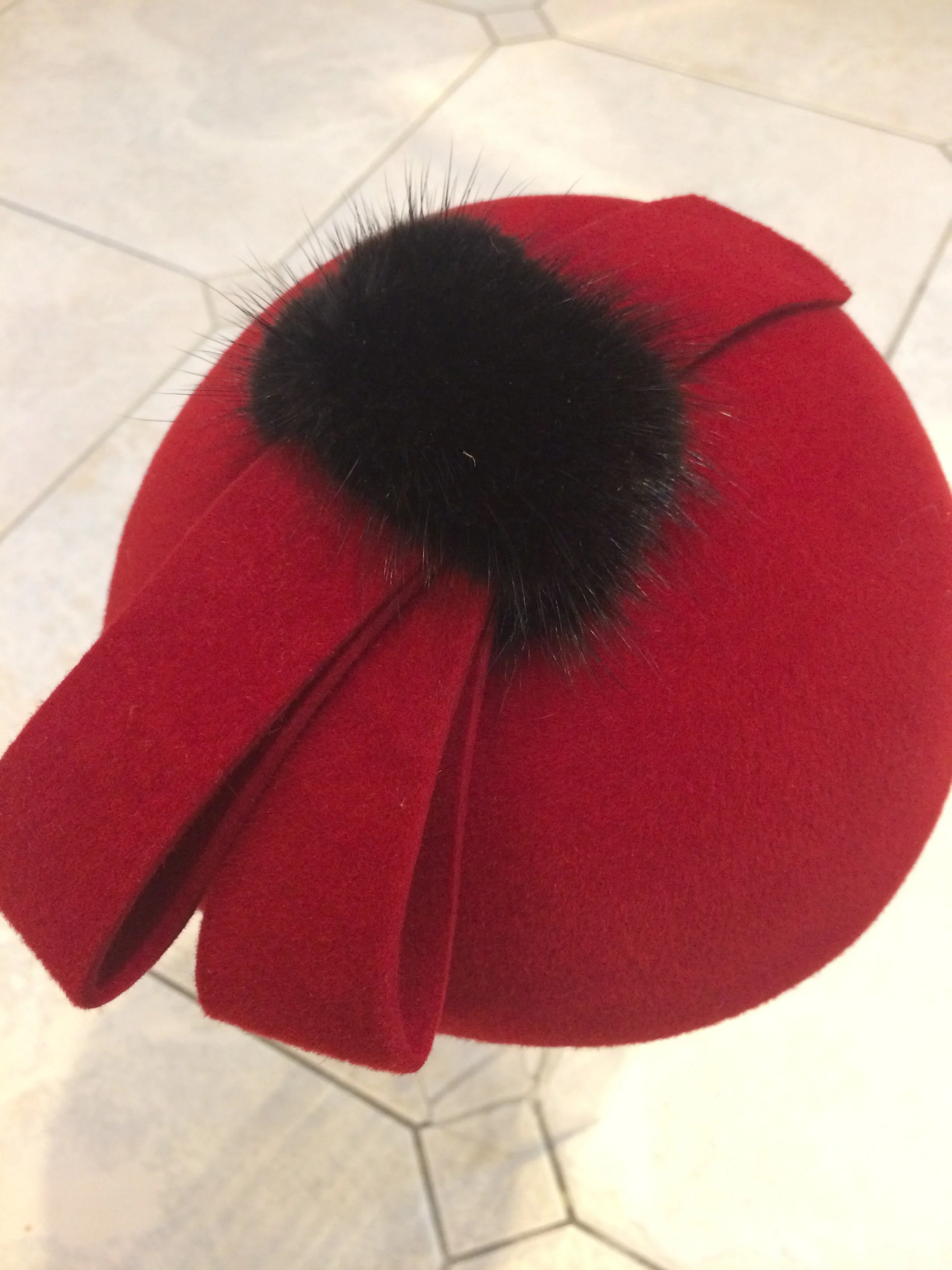 Red Velour Fascinator with Self Bow and 
