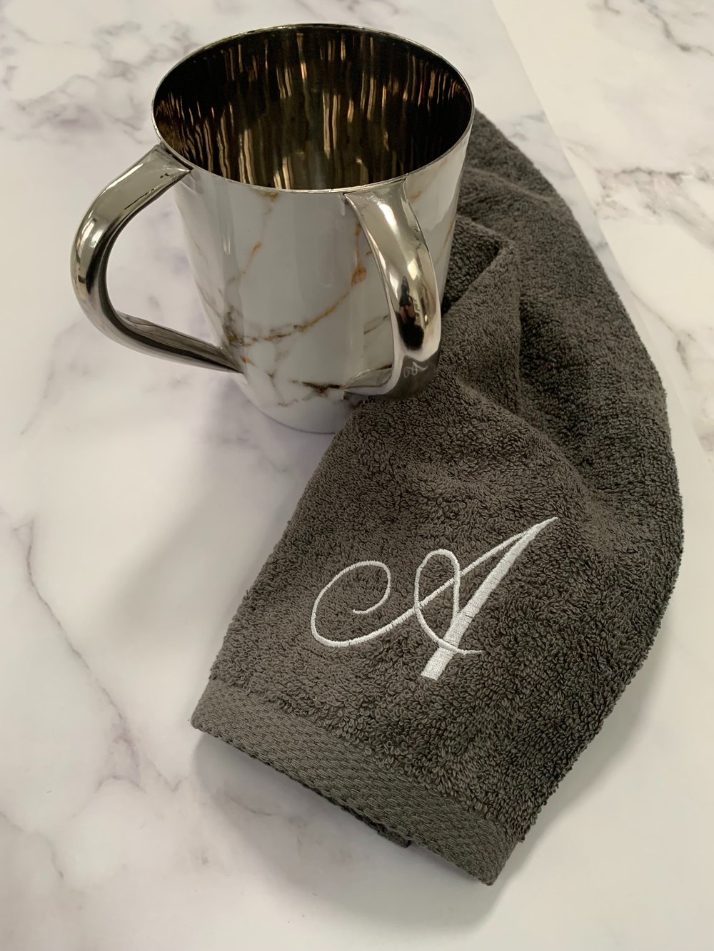 Choice of Washing Cup with Monogrammed Towel — The Doily Lady