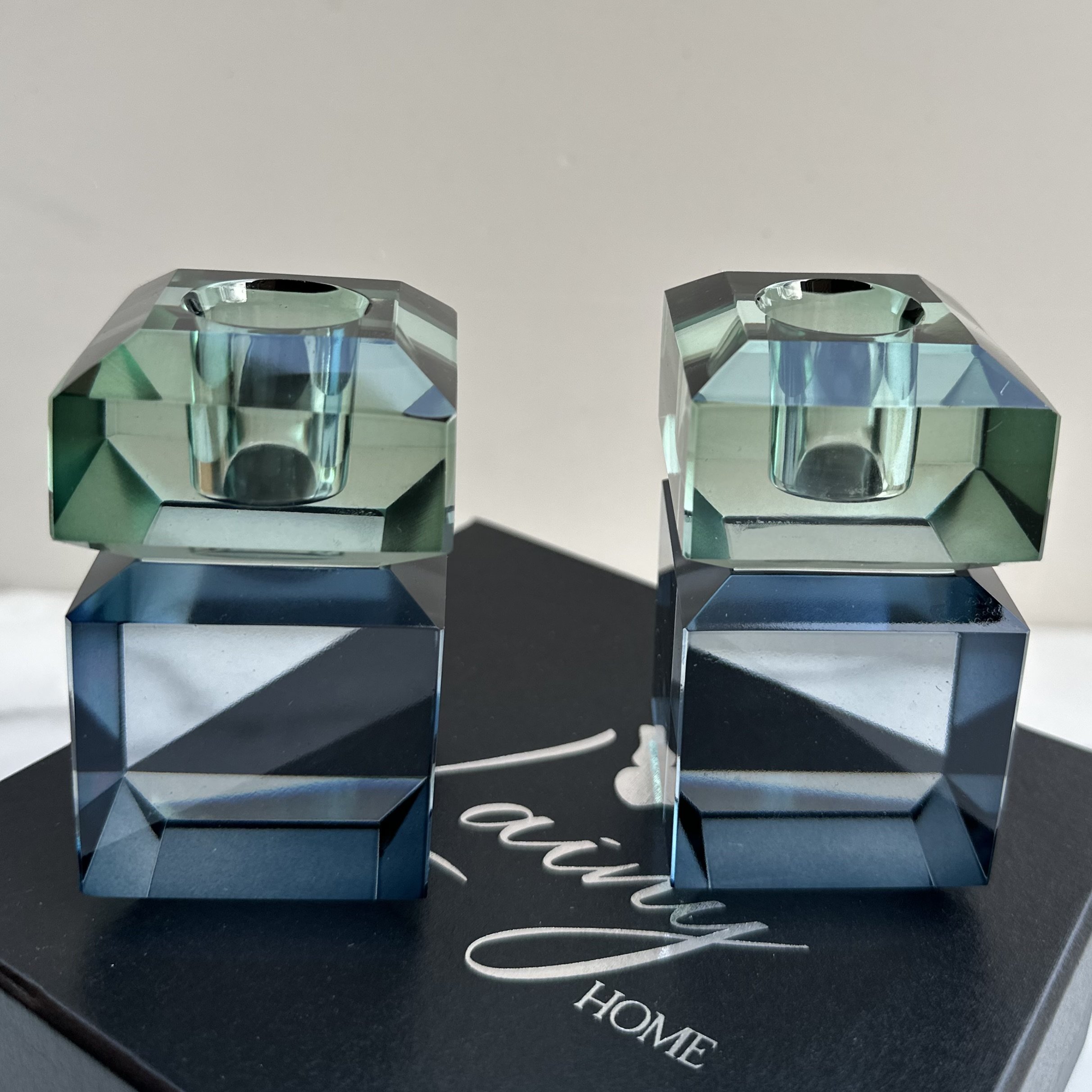 Pair of 3" Two Tone Crystal Tealight/ Candleholders - Emerald/Navy
