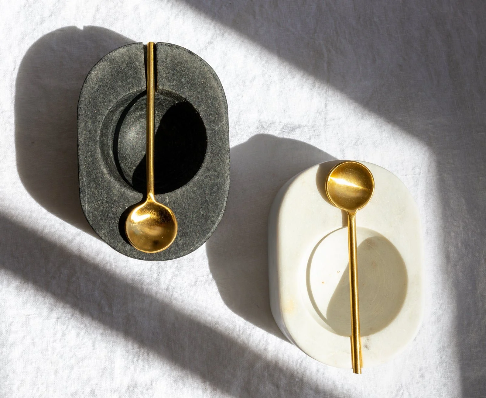Tuscan Marble Salt Cellars With Gold Spoons-White and Grey