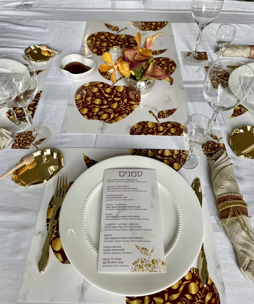 Rosh Hashana Red Apple Paper Chargers With Simanim Cards & Coasters