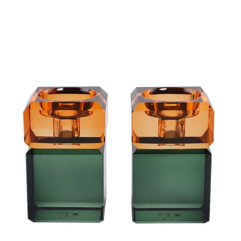 Pair of 3" Two Tone Crystal Tealight/Candleholders-Orange and Green
