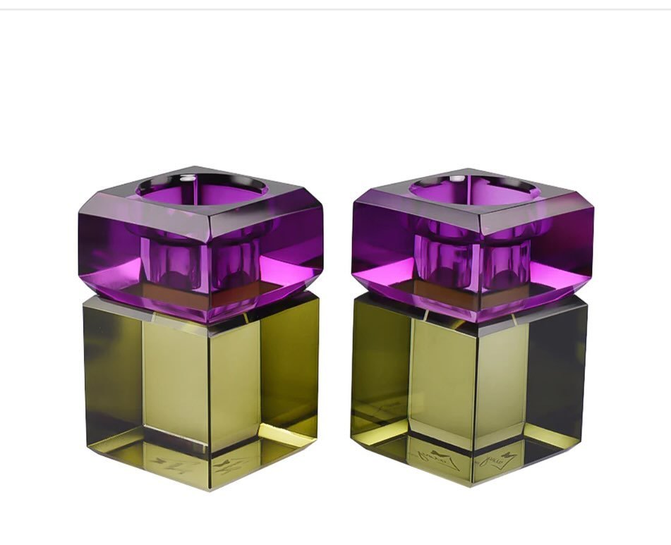 Crystal tealights in fabulous color combos that are so stunning you&rsquo;ll want to keep them out all week! Just $68.00 a set. #tealight #tealights #tealightholder #crystaltealightholder #crystaltealights #judaica #modernjudaica #hadlakatnerot #shab