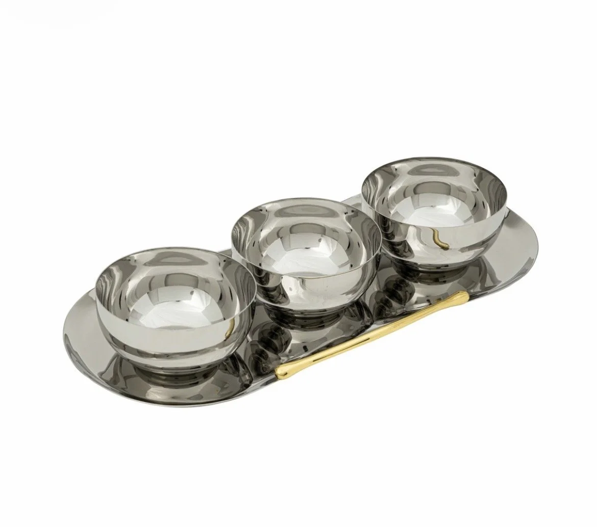 Stainless Steel Dips Bowl & Tray Set with Gold Handle