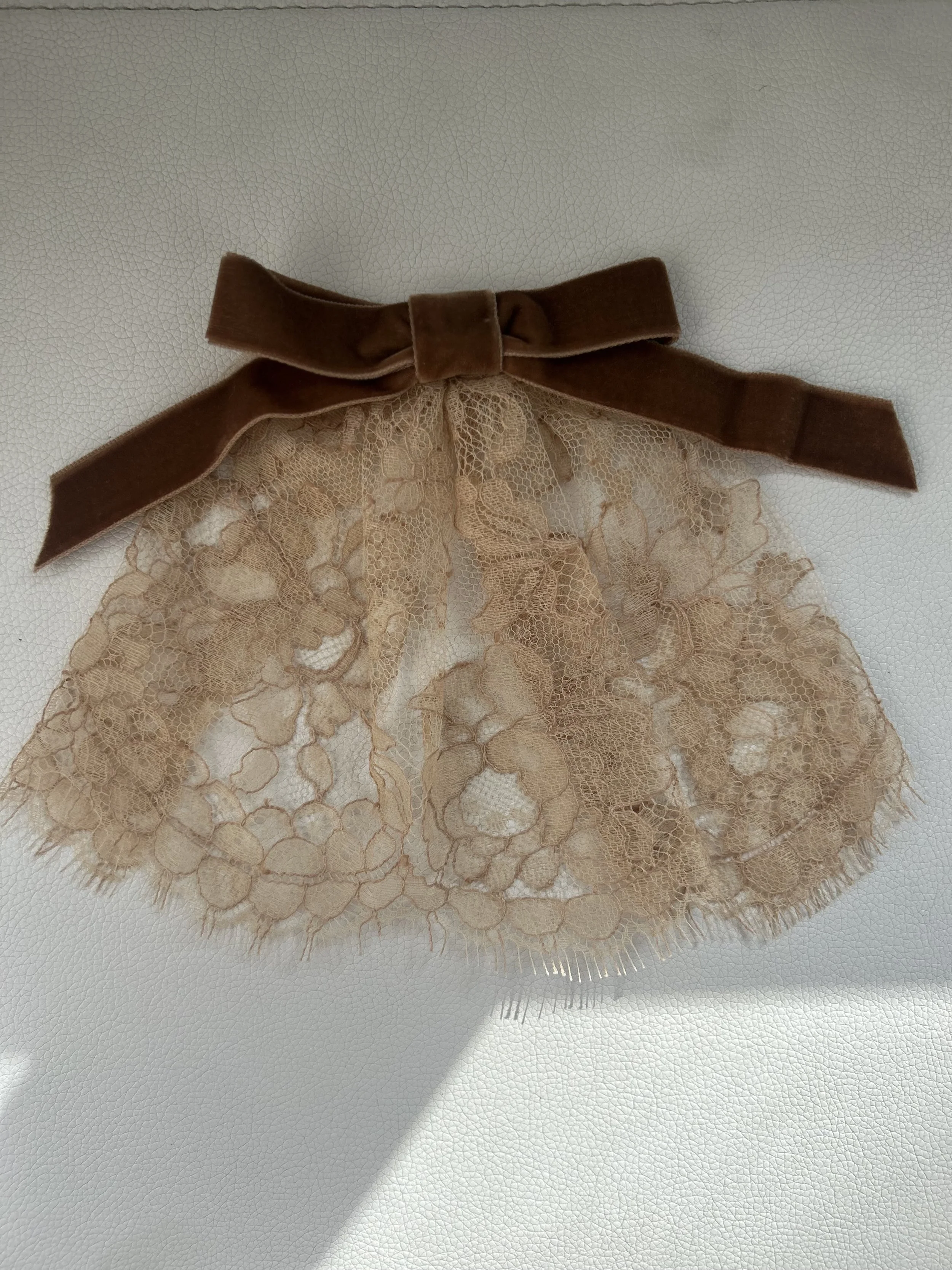 Beige Doily Cape with Brown Velvet Ribbon