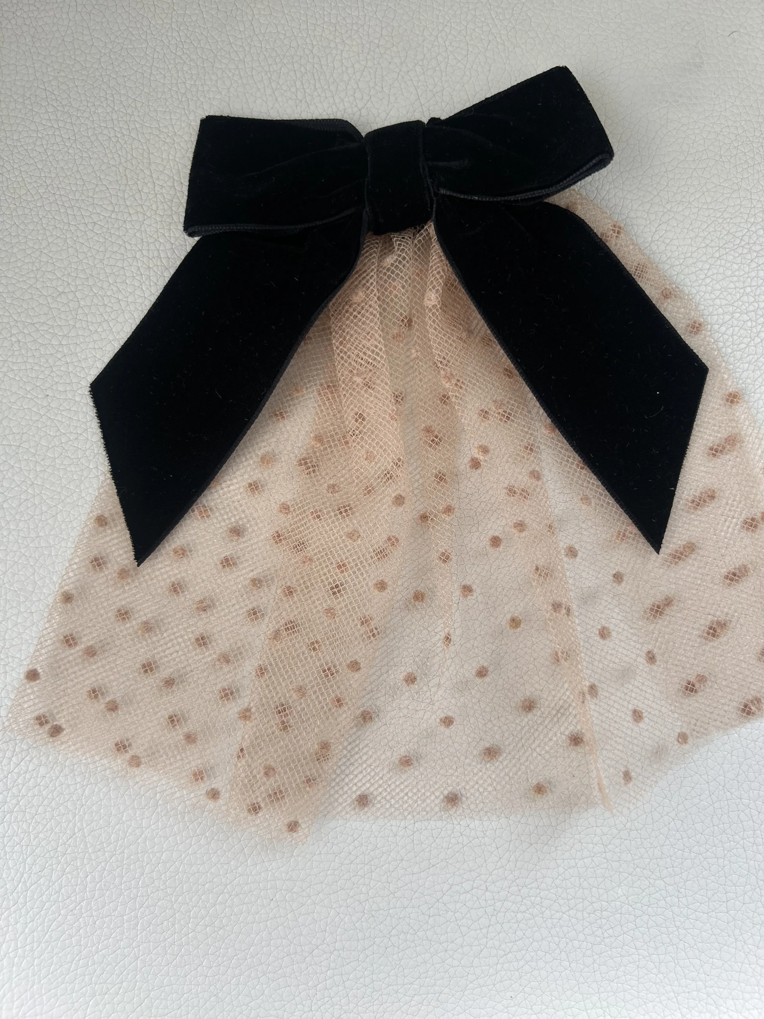 Champagne Beige Tulle Doily Cape with Black Velvet Bow