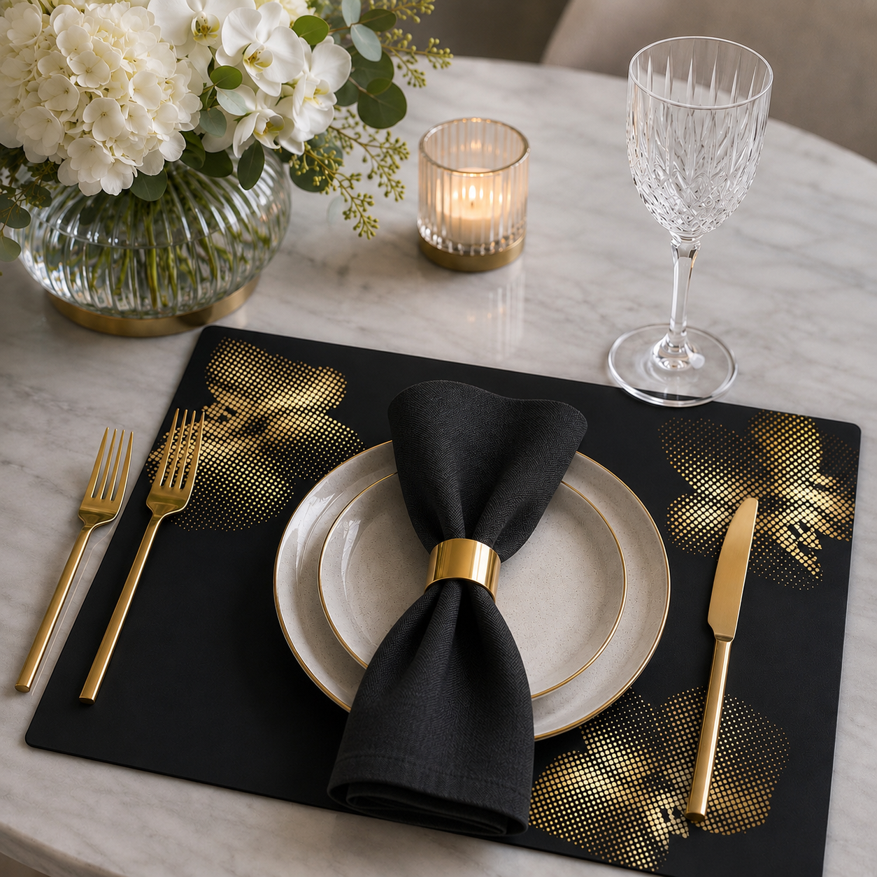 Black and Gold Orchids Paper Chargers with Coasters-12 Count