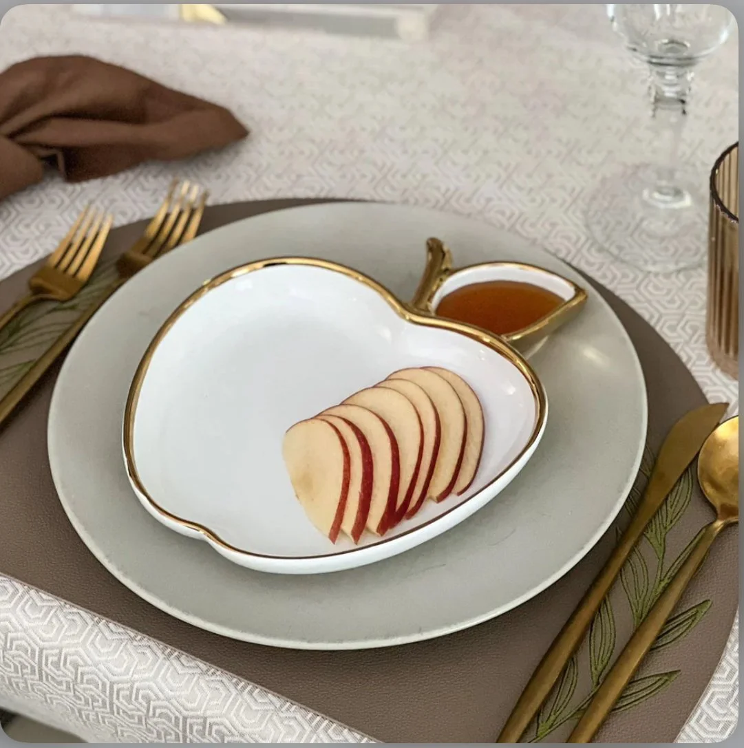 Porcelain Apple Shaped Dish with Gold Trim and Option of Honey