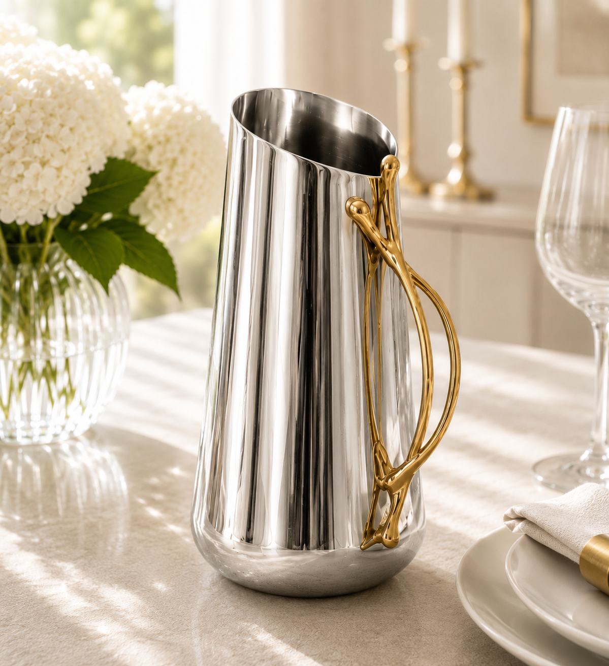 Elegant Stainless Steel Pitcher with Golden Handle