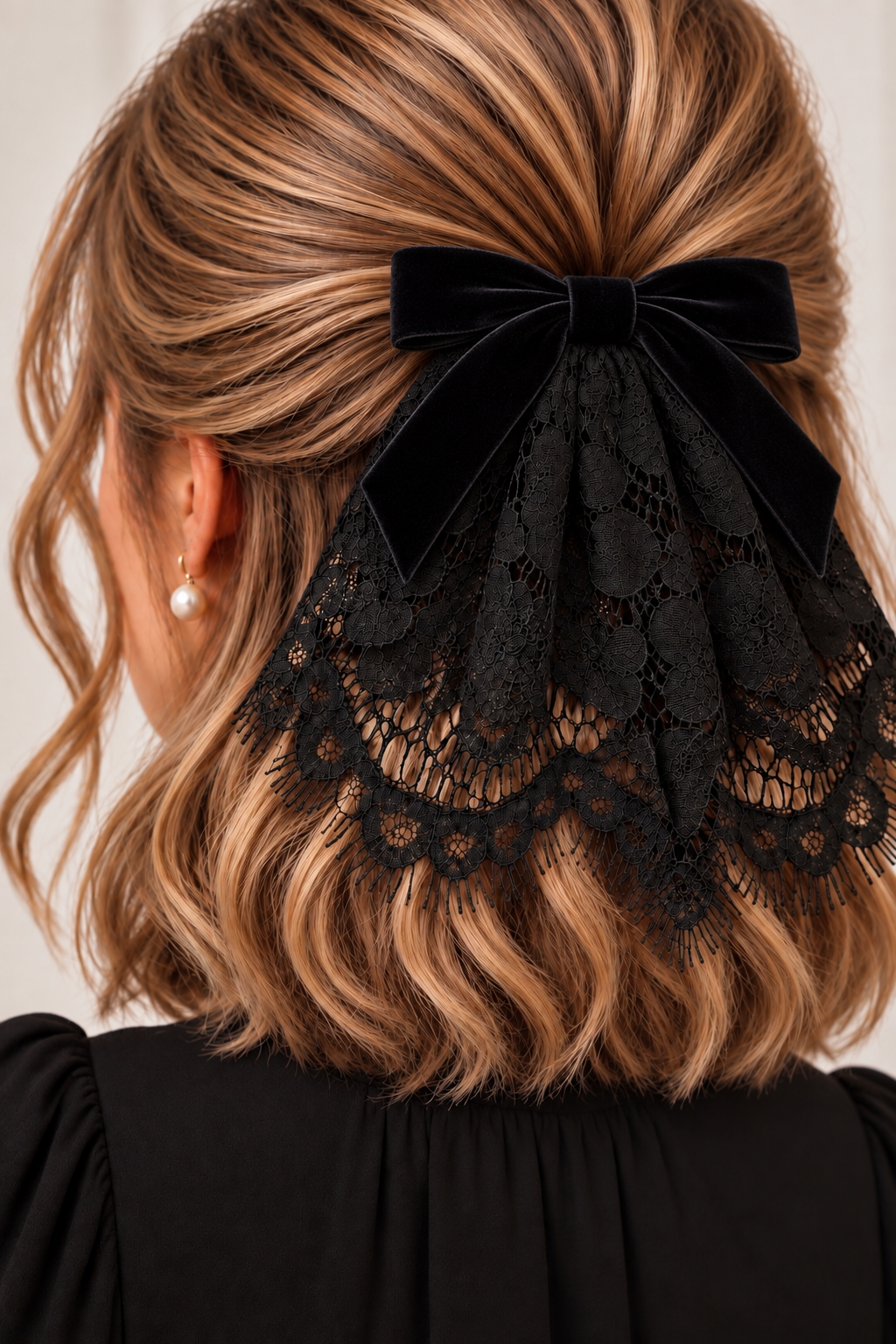 Black Eyelash Lace Cape with Black Velvet Bow