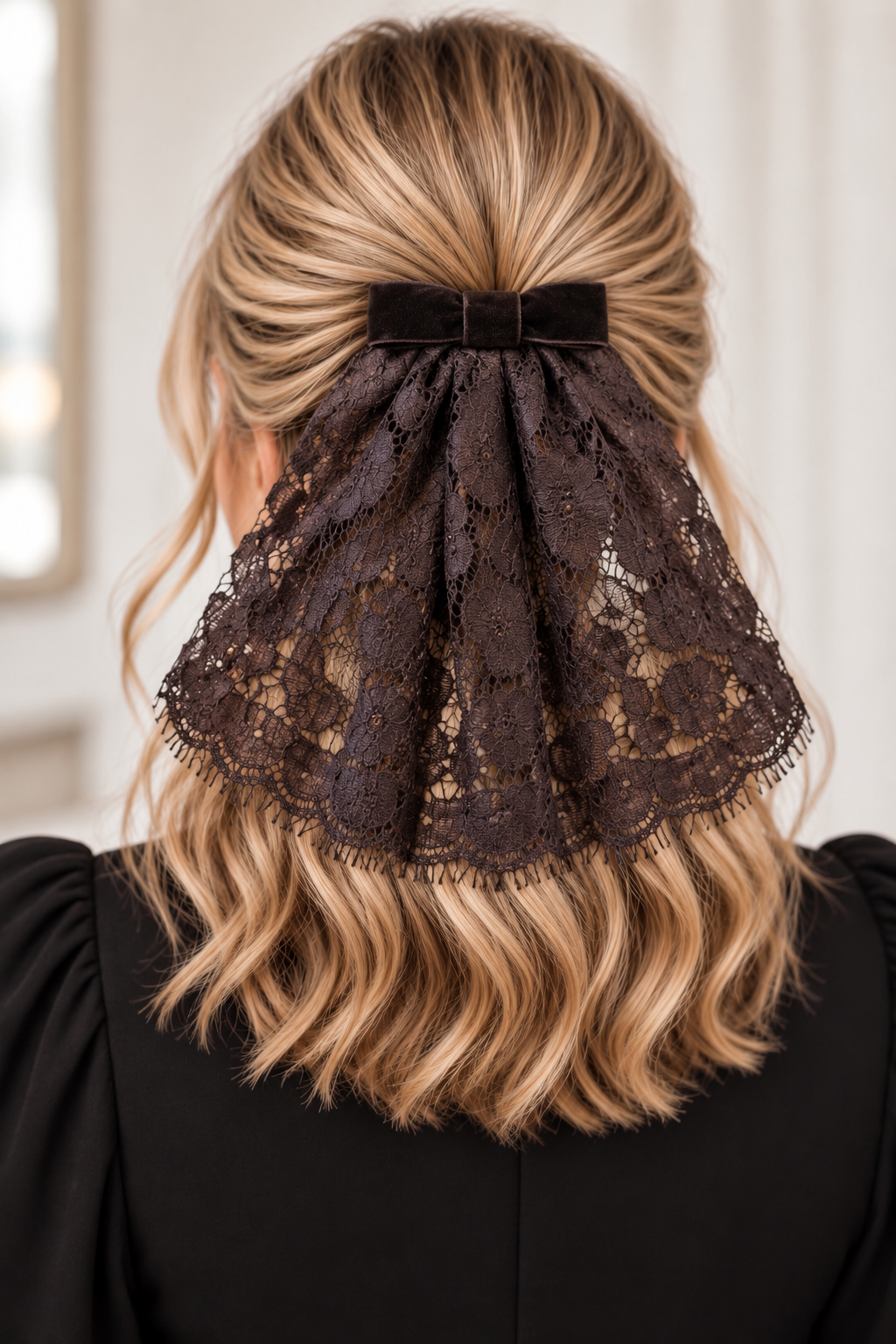 Brown Eyelash Lace Cape with Brown Velvet Bow
