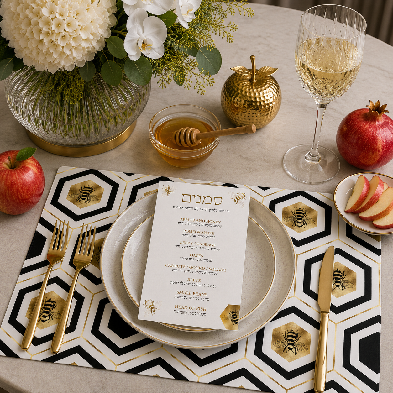 Gold Bees Paper Chargers with Coasters and Simanim Cards