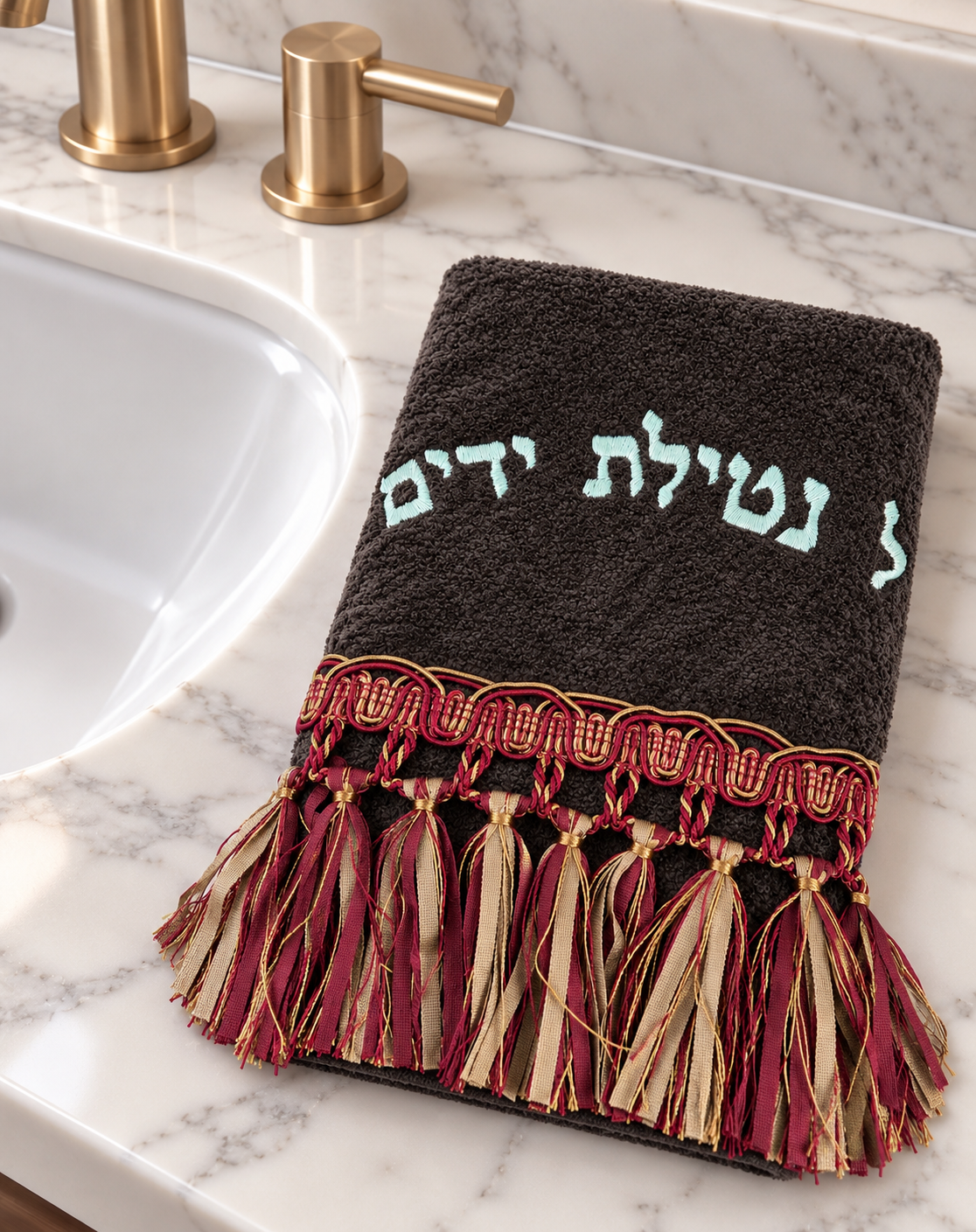 Brown Fingertip Towel with Tassel Trim
