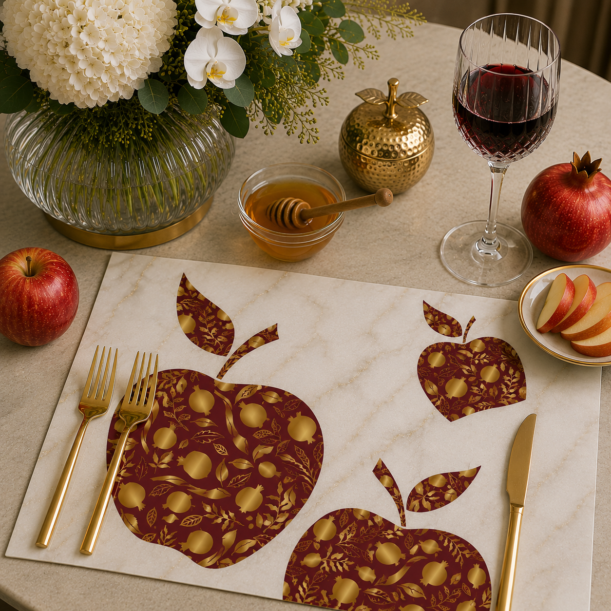 Rosh Hashana Red Apple Paper Chargers with Coasters