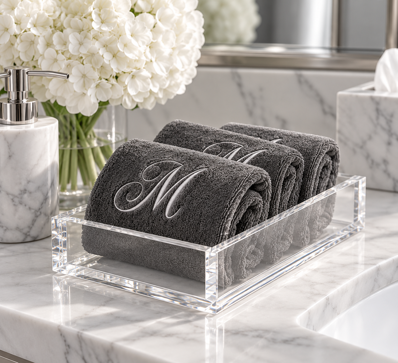 Luxury Lucite Tray with 2 Monogrammed Towels