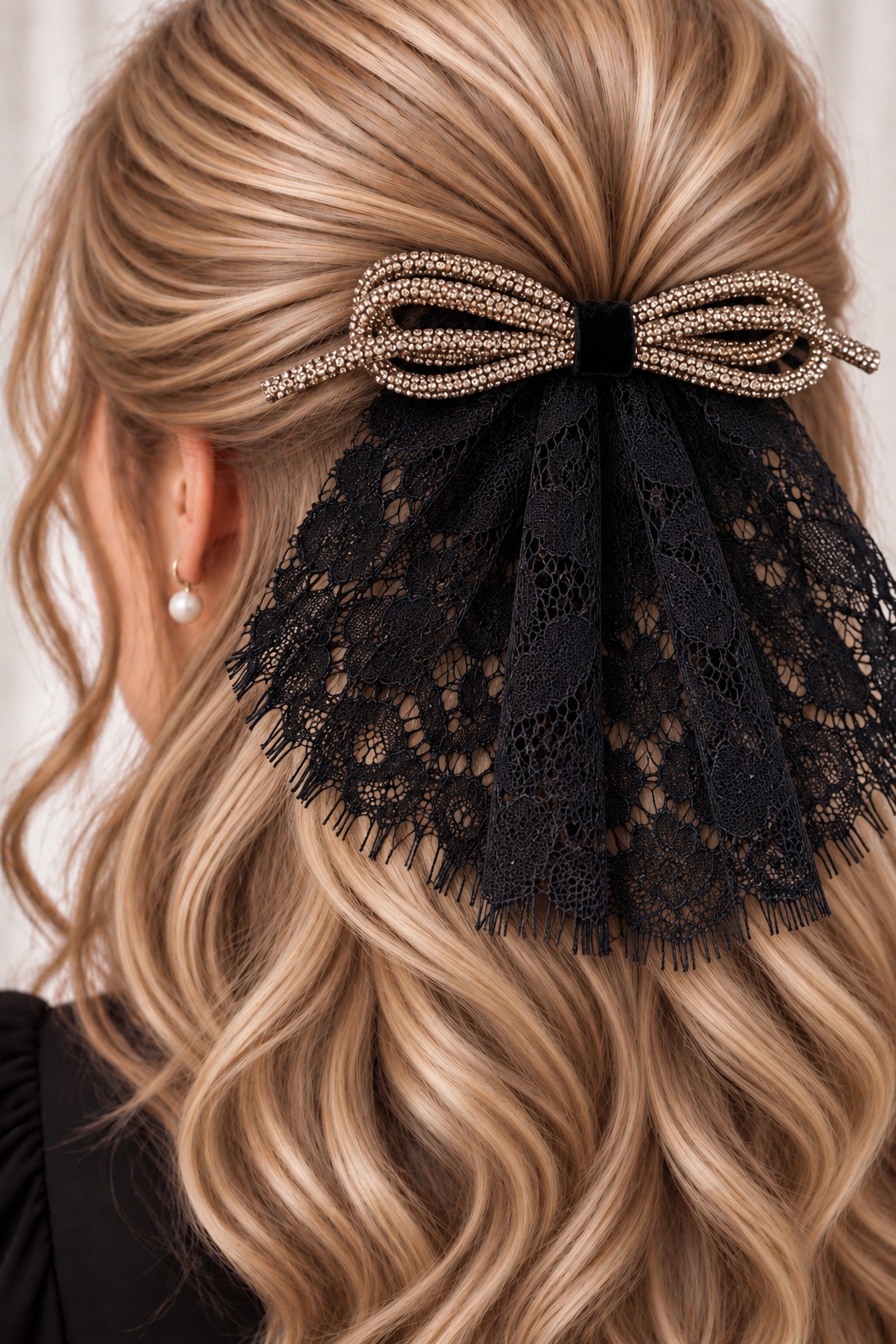 Black Eyelash Lace Cape with Gold Rhinestone Bow