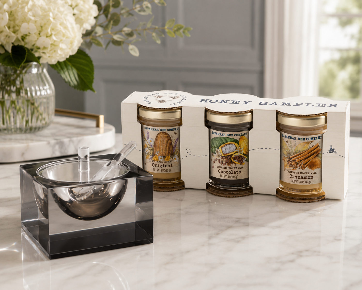 Apeloig Acrylic Honey Jar & Honey Sampler Gift