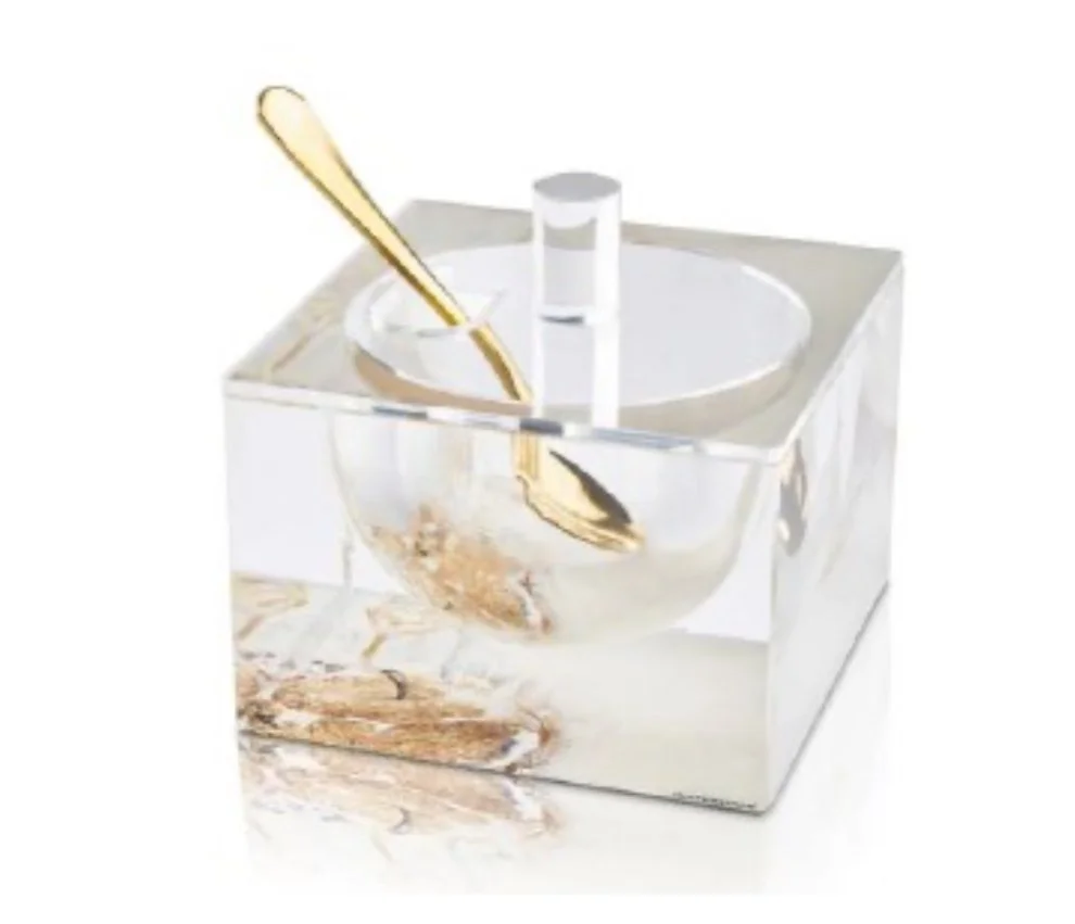 Lucite Honey Dish Gold Painted Apple Design
