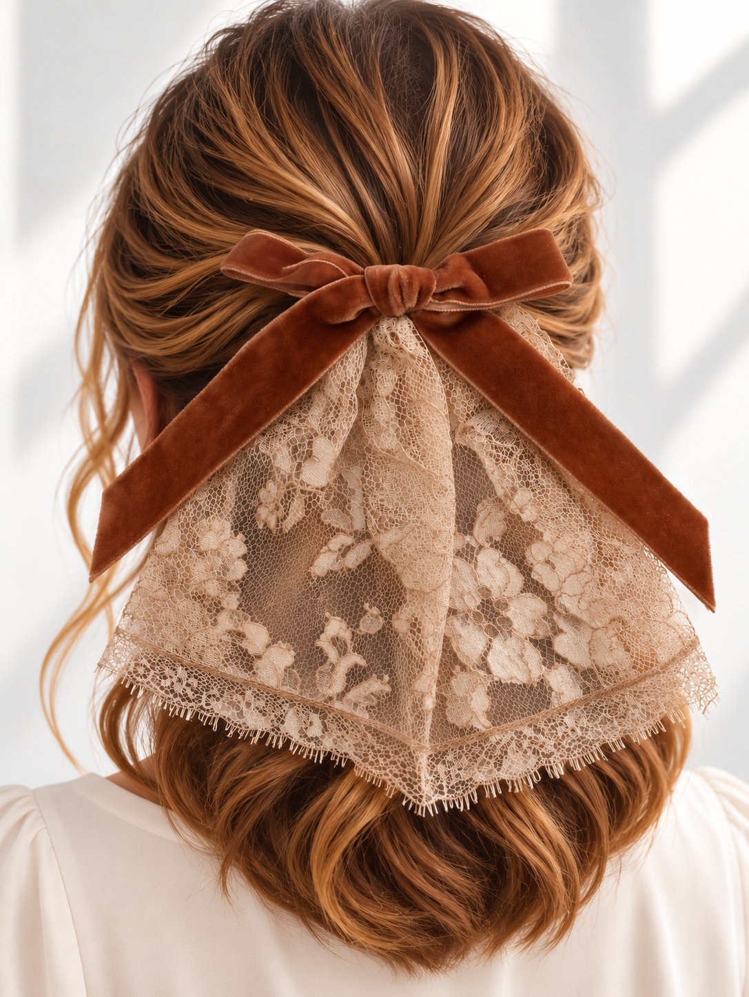Vintage French Lace Doily Cape with Brown Velvet Ribbon