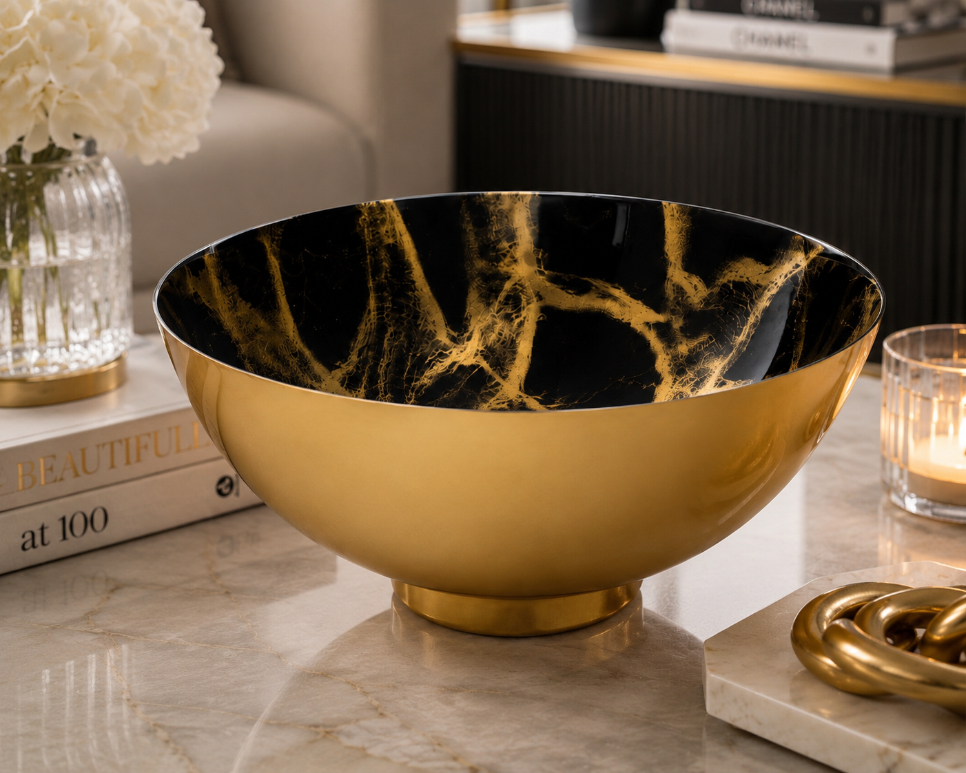 Black and Gold Marbelized Footed Bowl