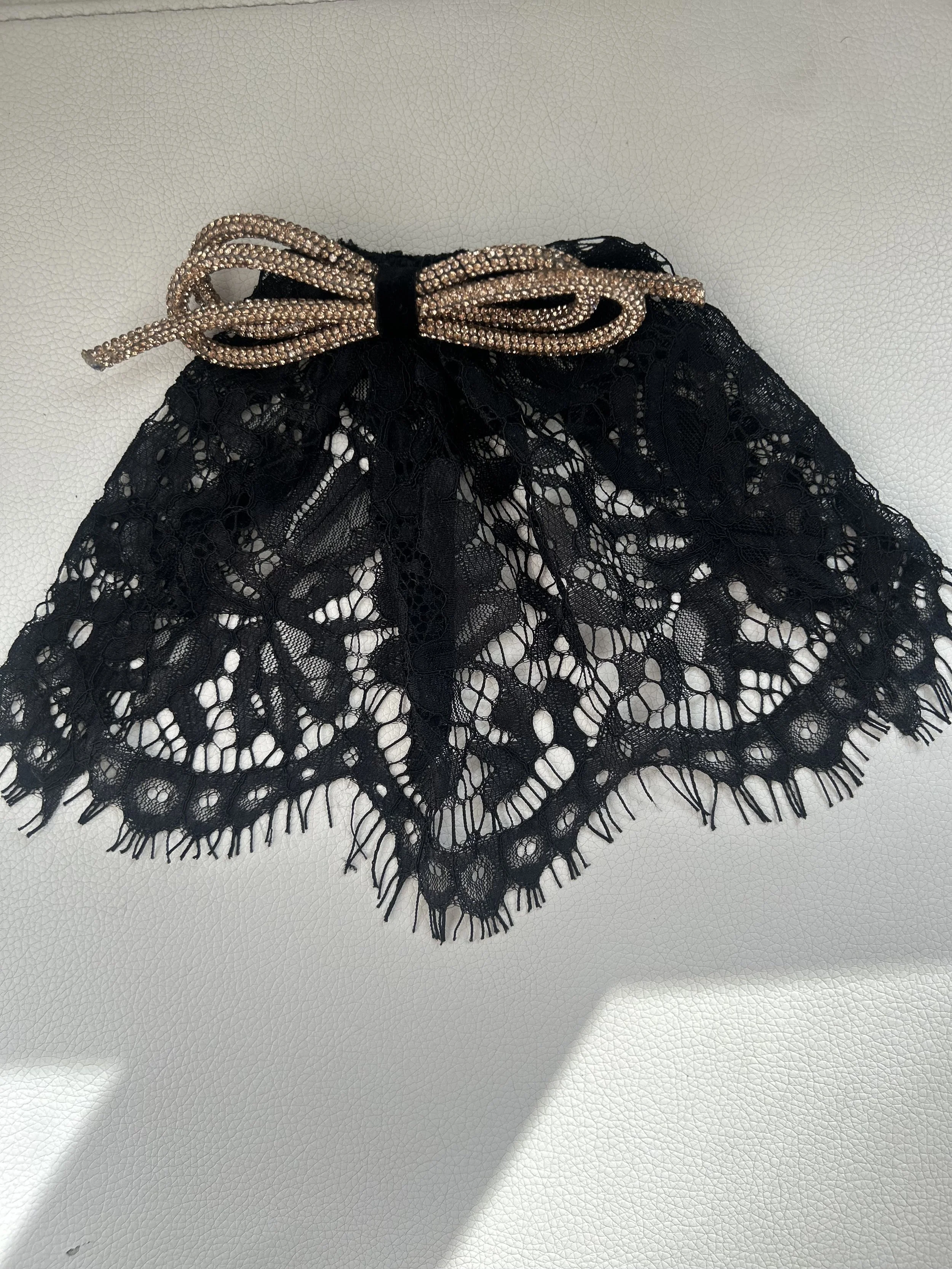 Black Eyelash Lace Cape with Gold Rope Trim