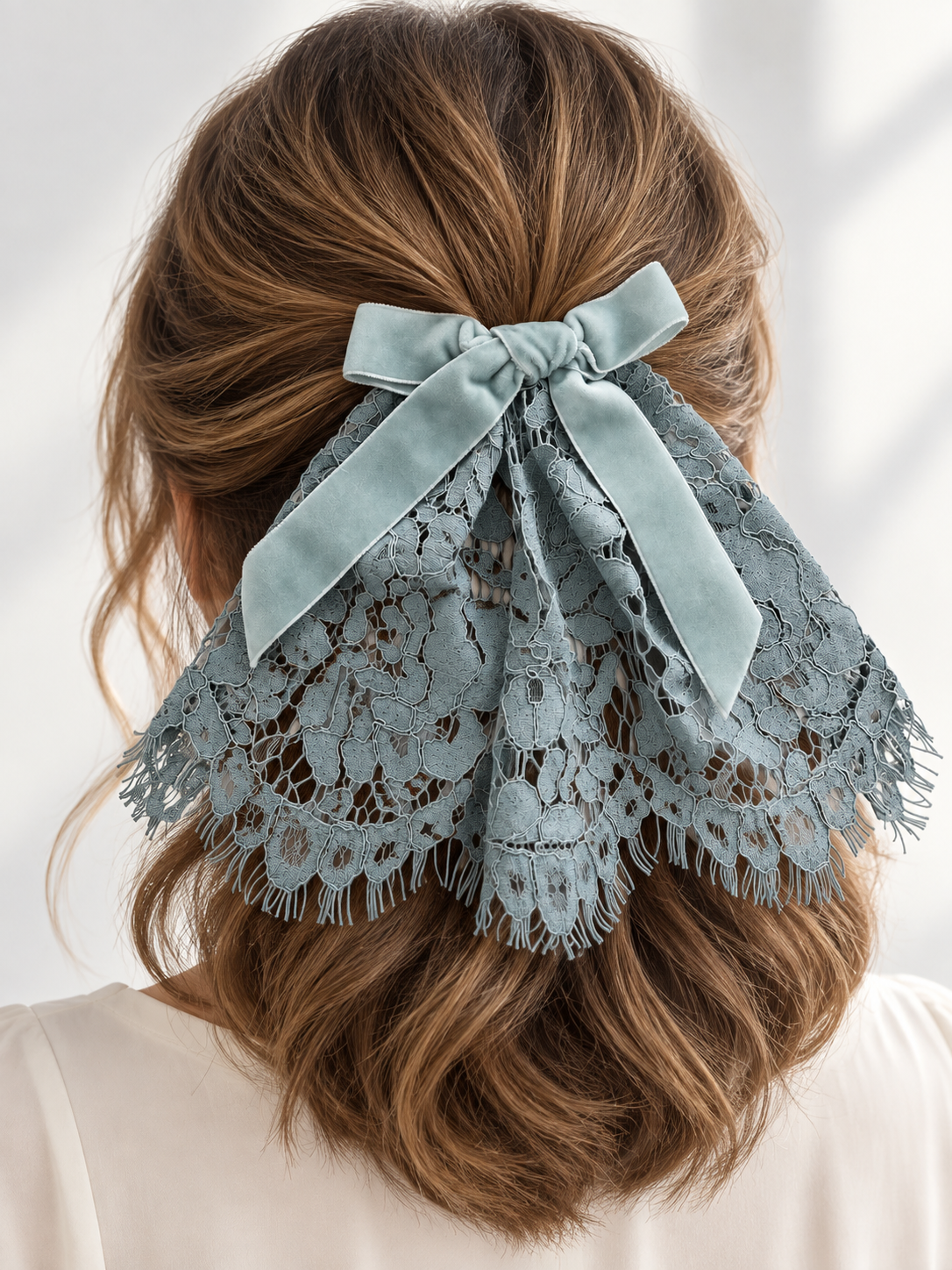 Grey Eyelash Lace Cape with Velvet Bow