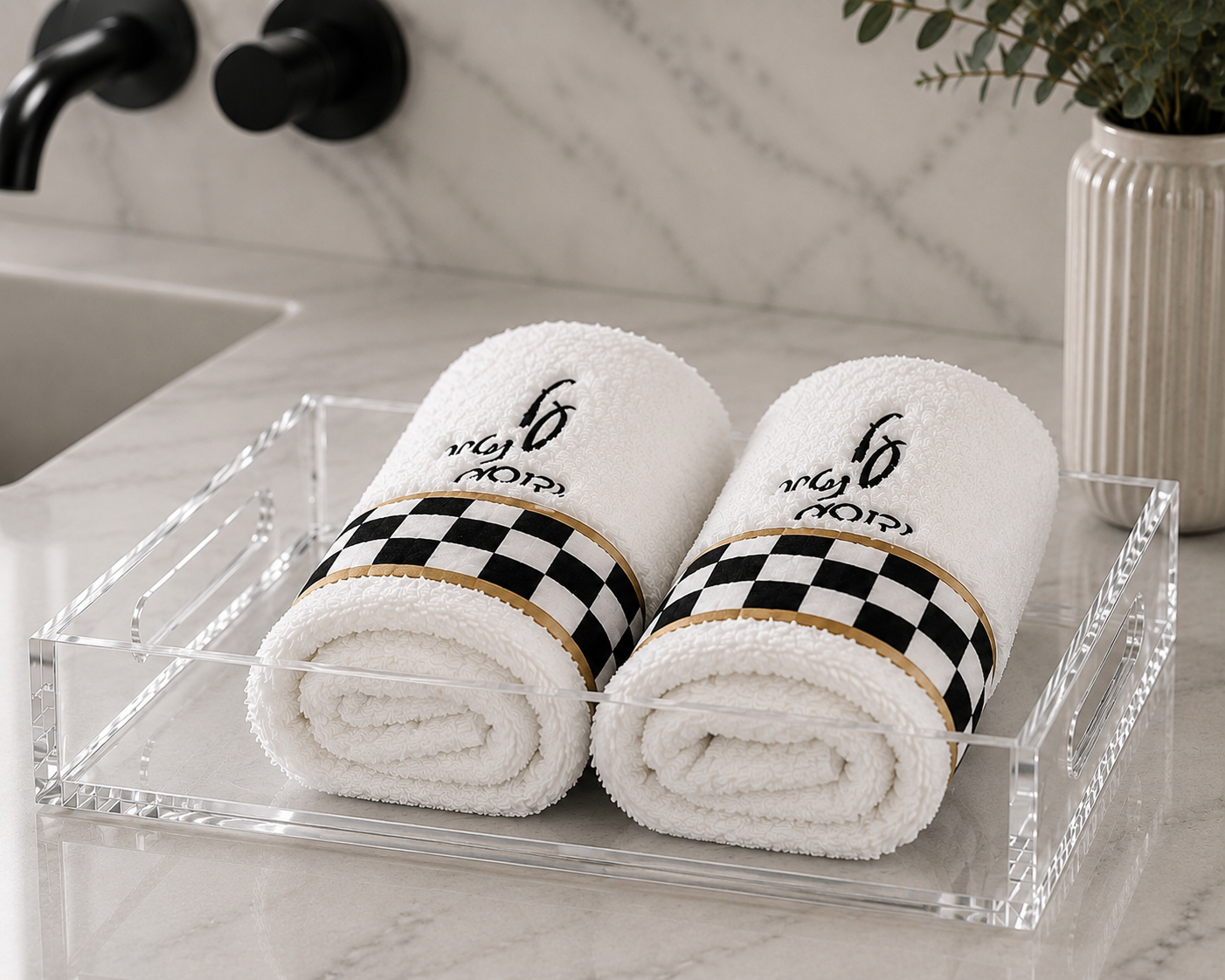 Set of Two Netilat Yadayim Towels on Lucite Tray