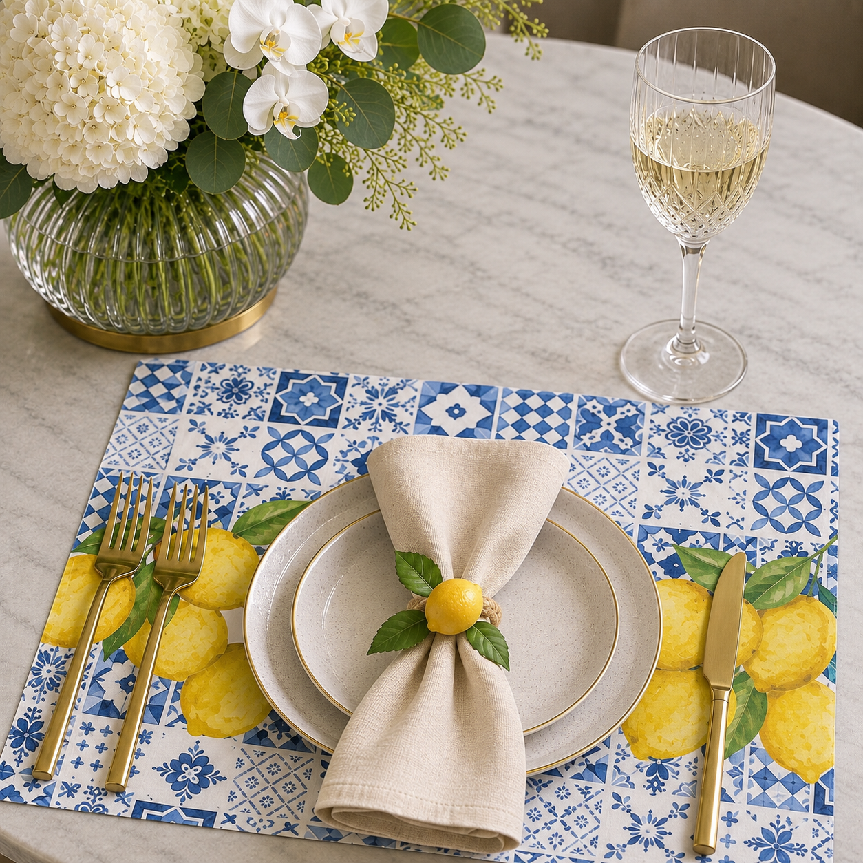 Italian Tiles with Lemons Paper Chargers and Coasters with choice of Napkin Rings