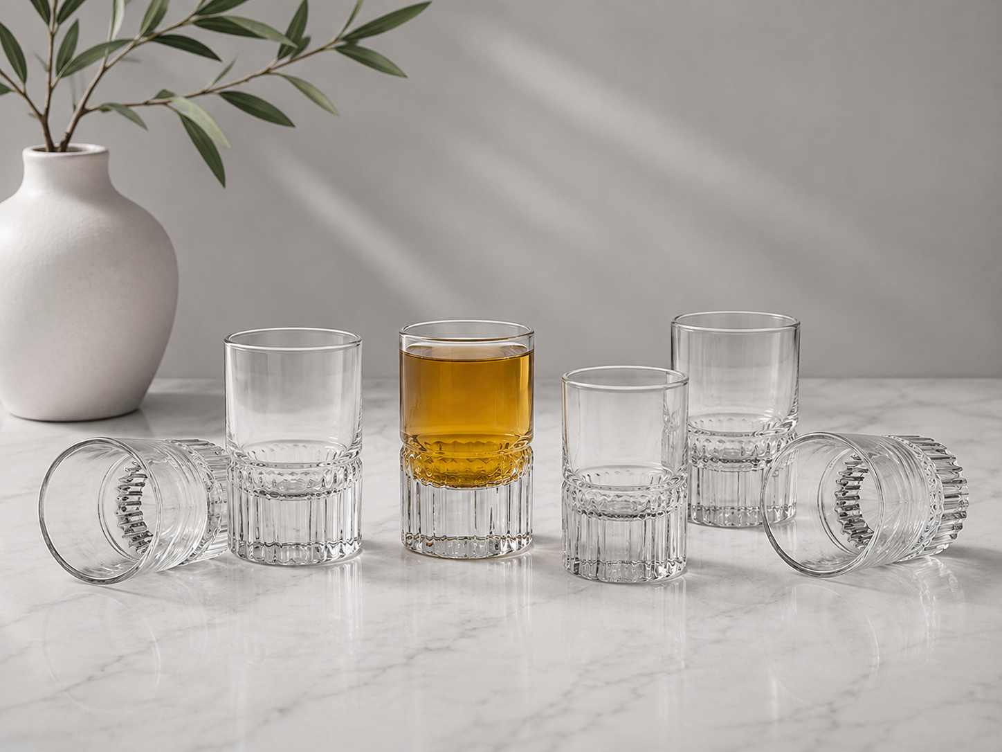 Ribbed Shot Glasses with Optional Silvertone Beaded Tray