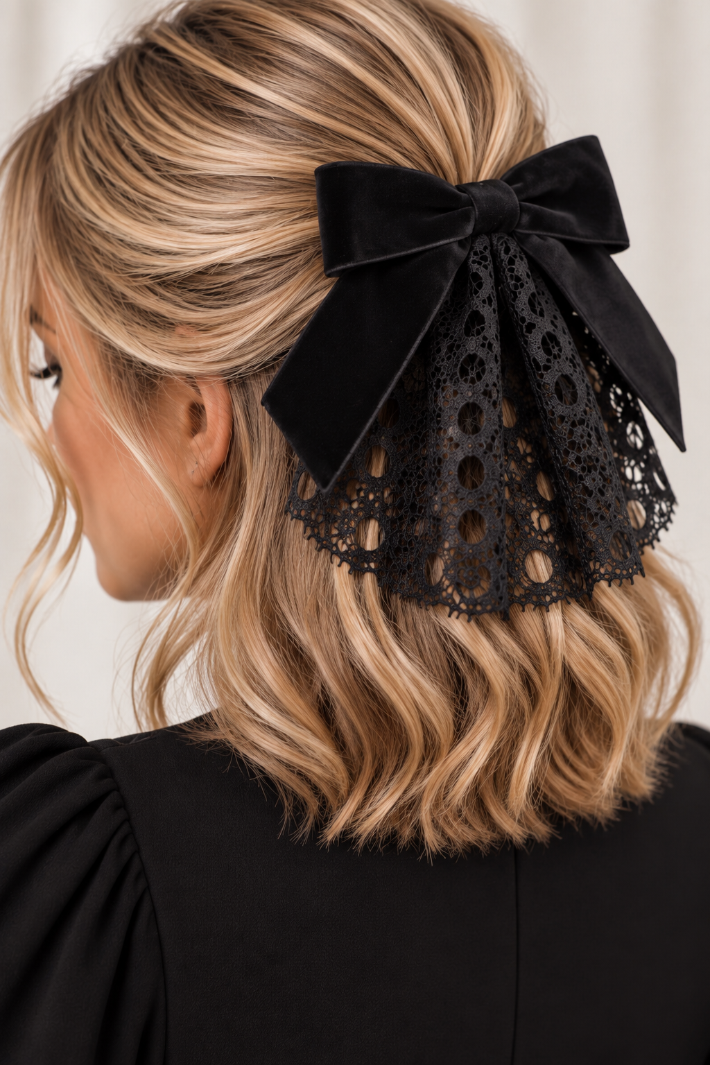 Black Eyelash Lace Cape with Black Velvet Bow