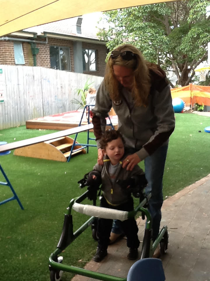 Hugo and his nanny, Jodie, practising walking at Waterford Preschool. 