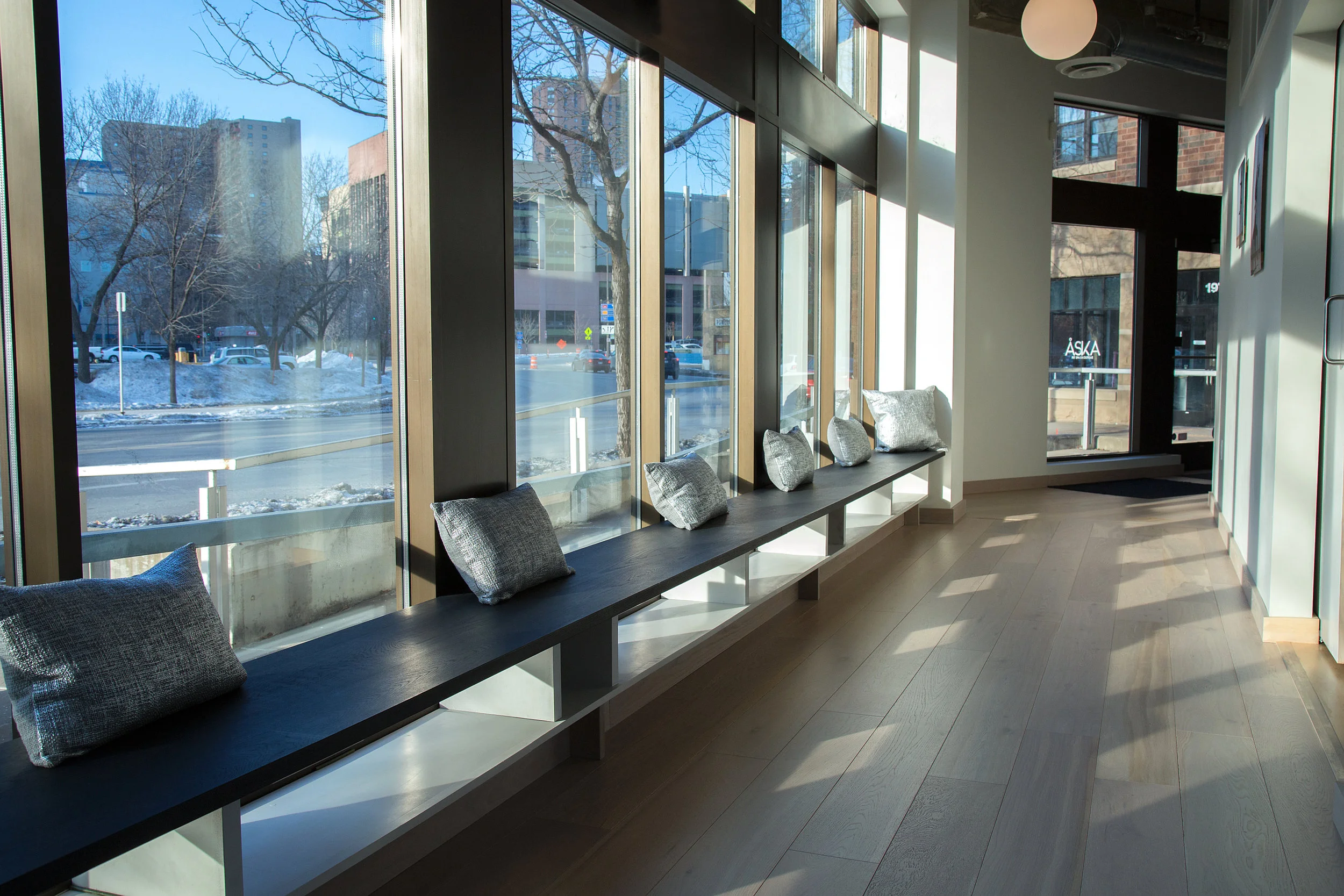 Long window seating with storage cubbies underneath