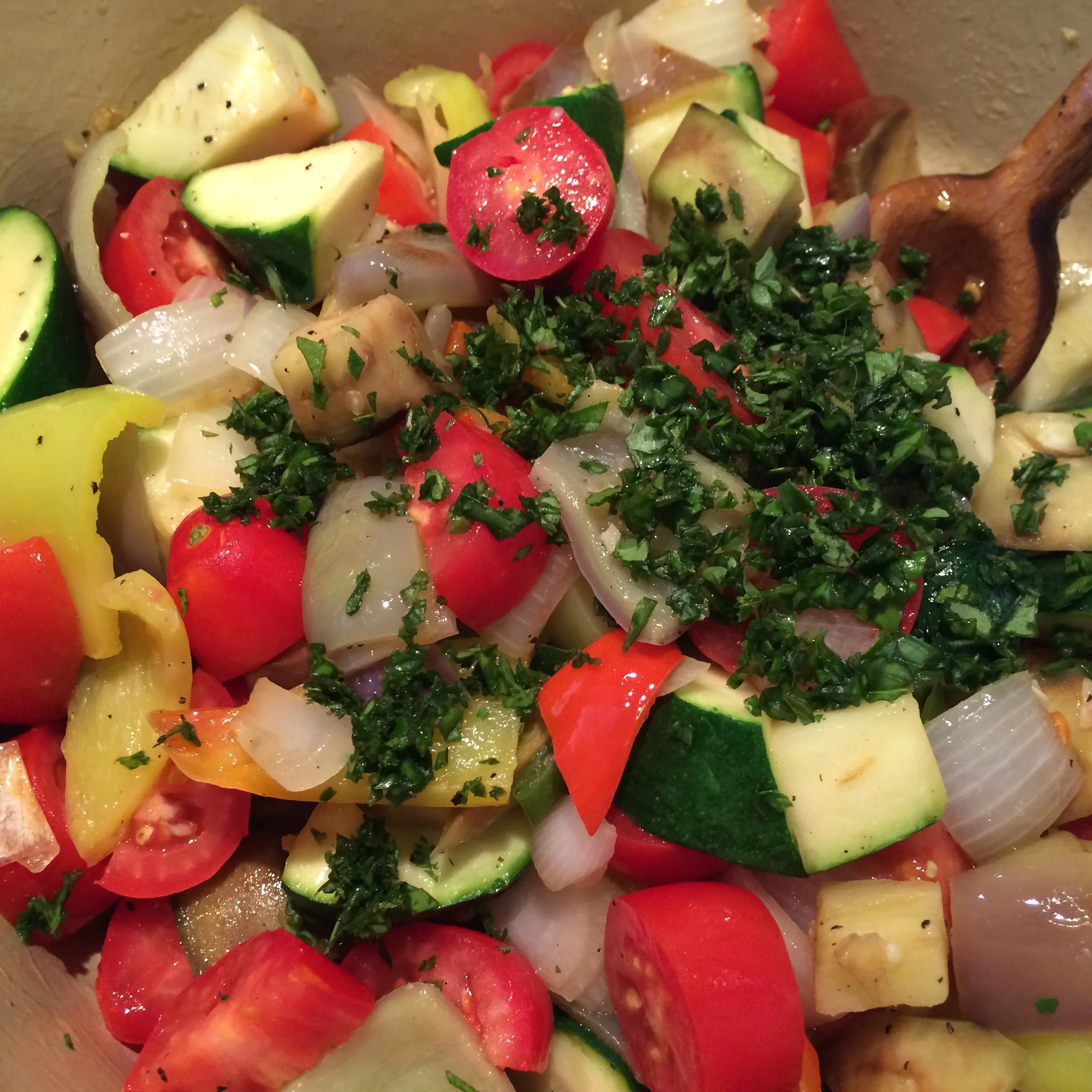 Add the chopped tomatoes and herbs, salt and pepper to taste.